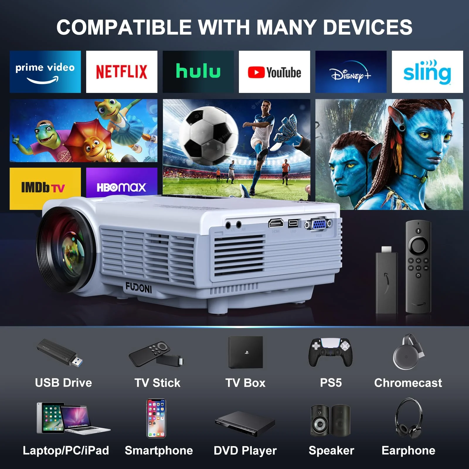 FUDONI Portable Outdoor Projector with Screen for Home Theater