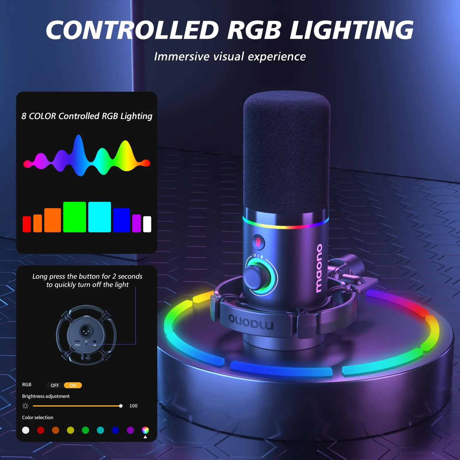 MAONO XLR/USB Dynamic Microphone Kit. RGB Podcast Mic