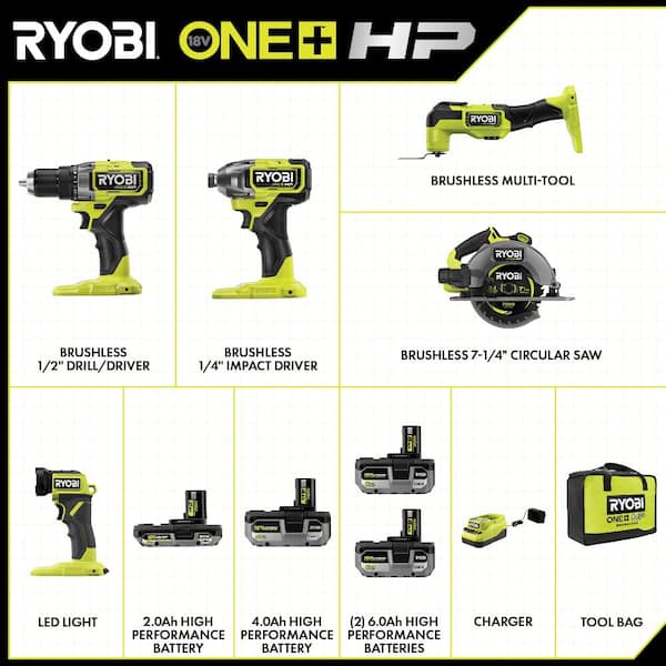 ONE+ HP 18V Brushless Cordless 5-Tool Combo Kit w/ (2) Batteries. Charger. Bag & FREE (2) 6.0 HIGH PERFORMANCE Batteries