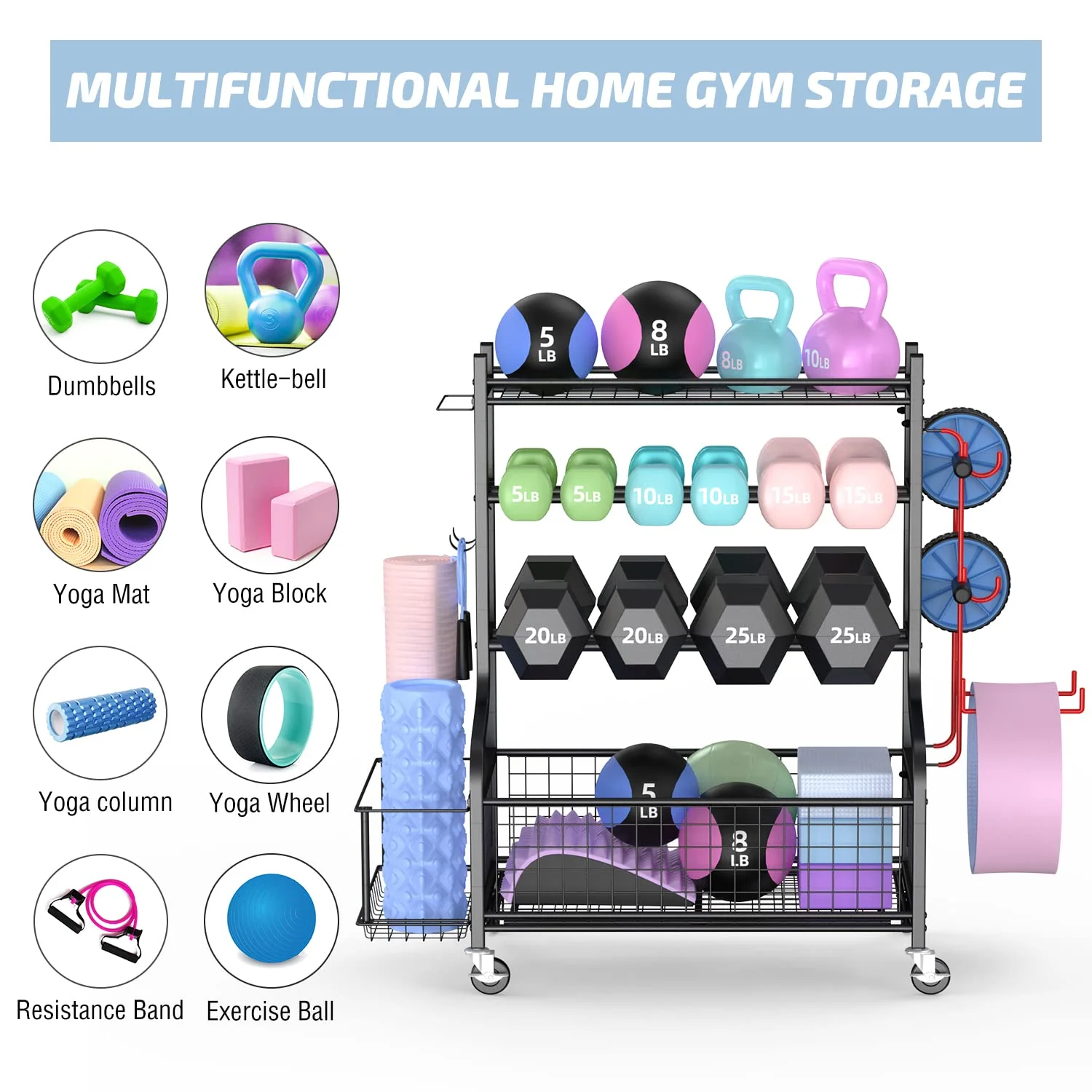 PLKOW Dumbbell Weight Rack for Kettlebells Yoga Mat and Balls