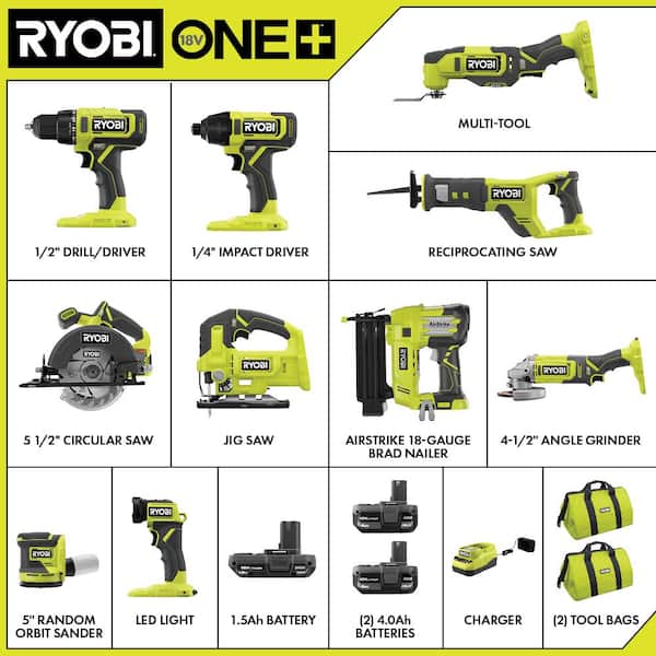 ONE+ 18V 10-Tool Combo Kit with (1) 1.5 Ah Battery and (2) 4.0 Ah Batteries and Charger