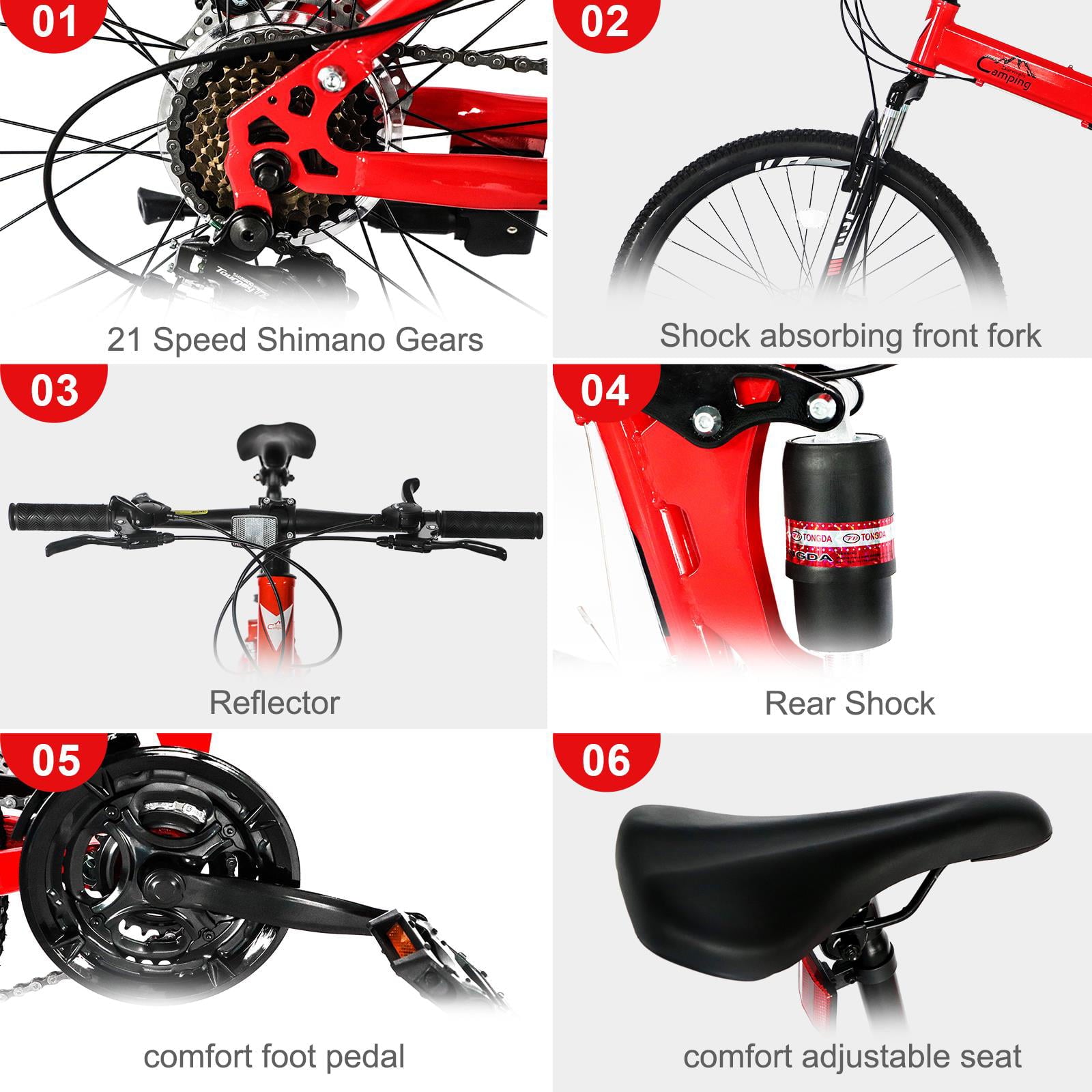 Folding Mountain Bike Shimano 21-Speed. with 26 inch Wheels. Red