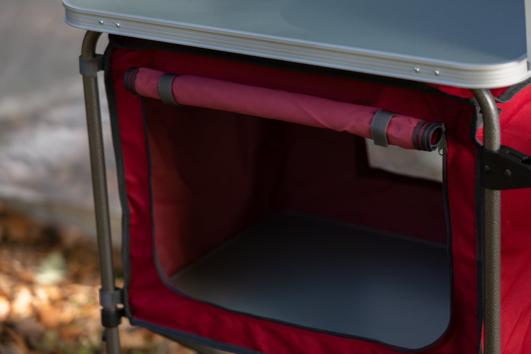 Trail Deluxe Camping Kitchen with Storage. Silver and Red. 31 Height x 13 width x 8.25 length