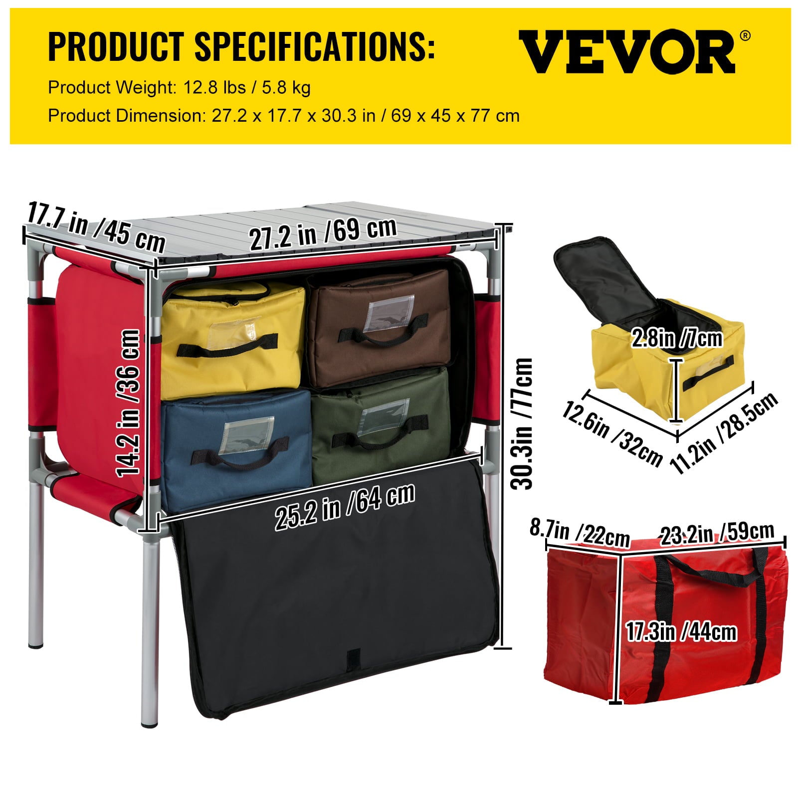Camping Kitchen Station. Aluminum Portable Folding Camp Cook Table with 4 Detachable Legs & 4 Cooler Bags. Red