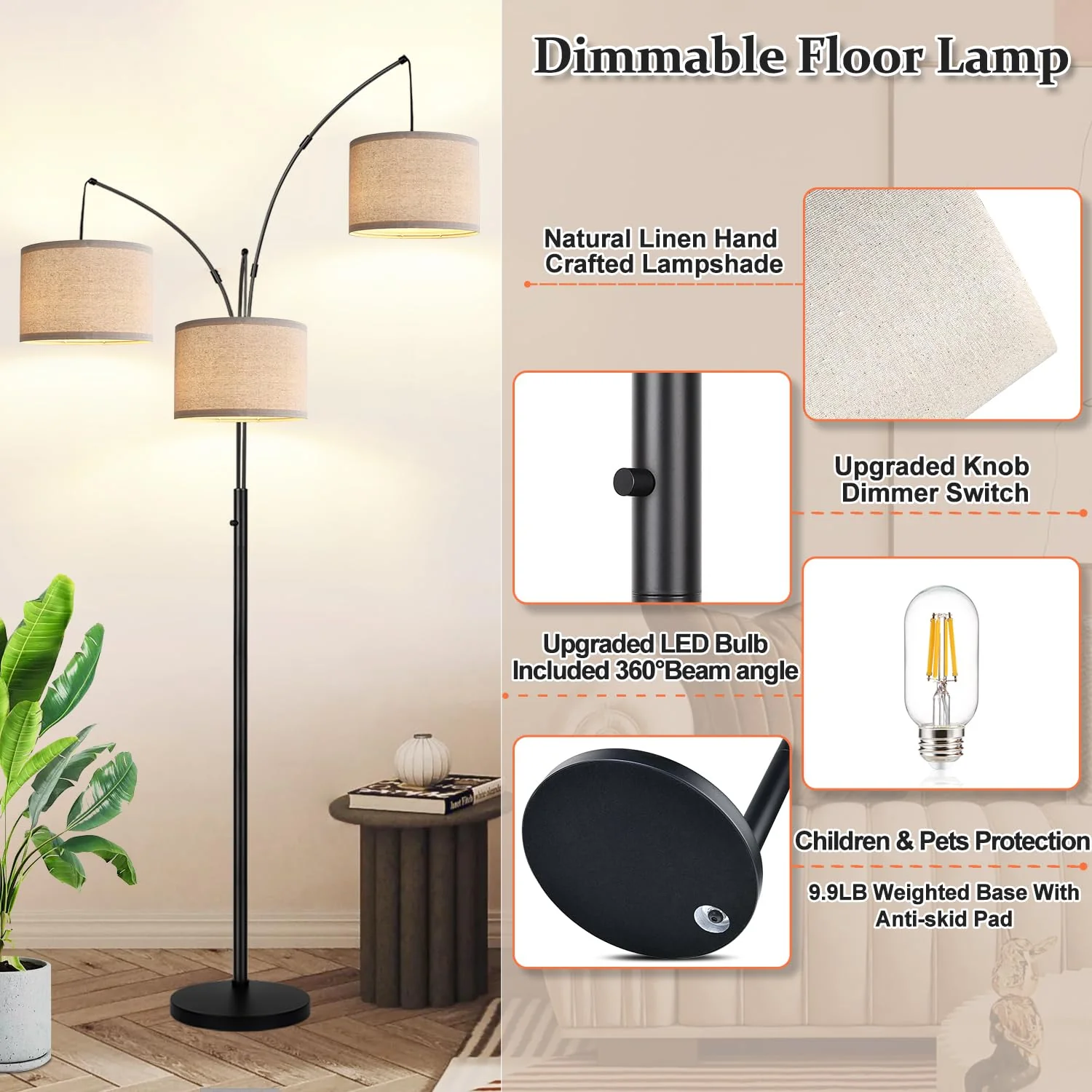 Nintiue Dimmable Floor Lamp. 3 Lights Arc Floor Lamps