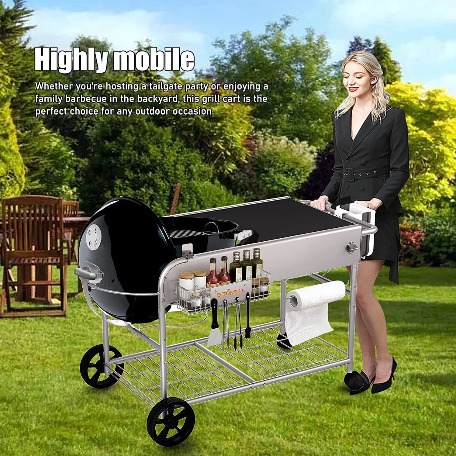 Grill Stand Cart for Weber Kettle 22 & 18 Charcoal Grills - Multifunctional Cooking Station