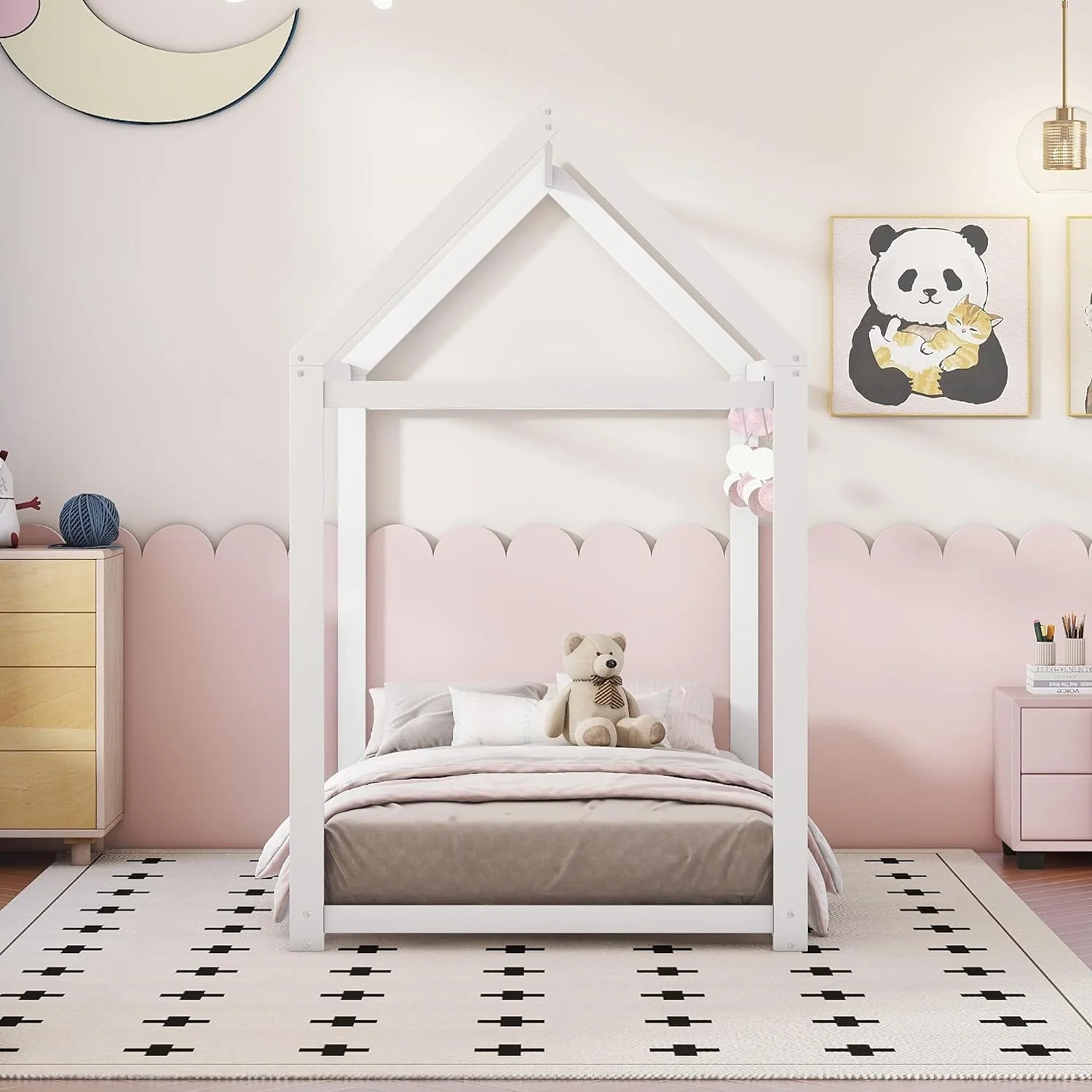 Twin House Floor Bed for Kids. Wooden Twin Montessori Bed Frame