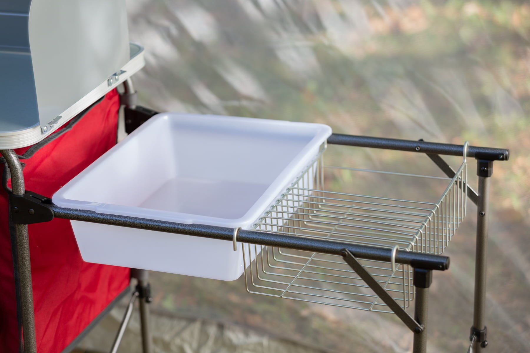 Trail Deluxe Camping Kitchen with Storage. Silver and Red. 31 Height x 13 width x 8.25 length