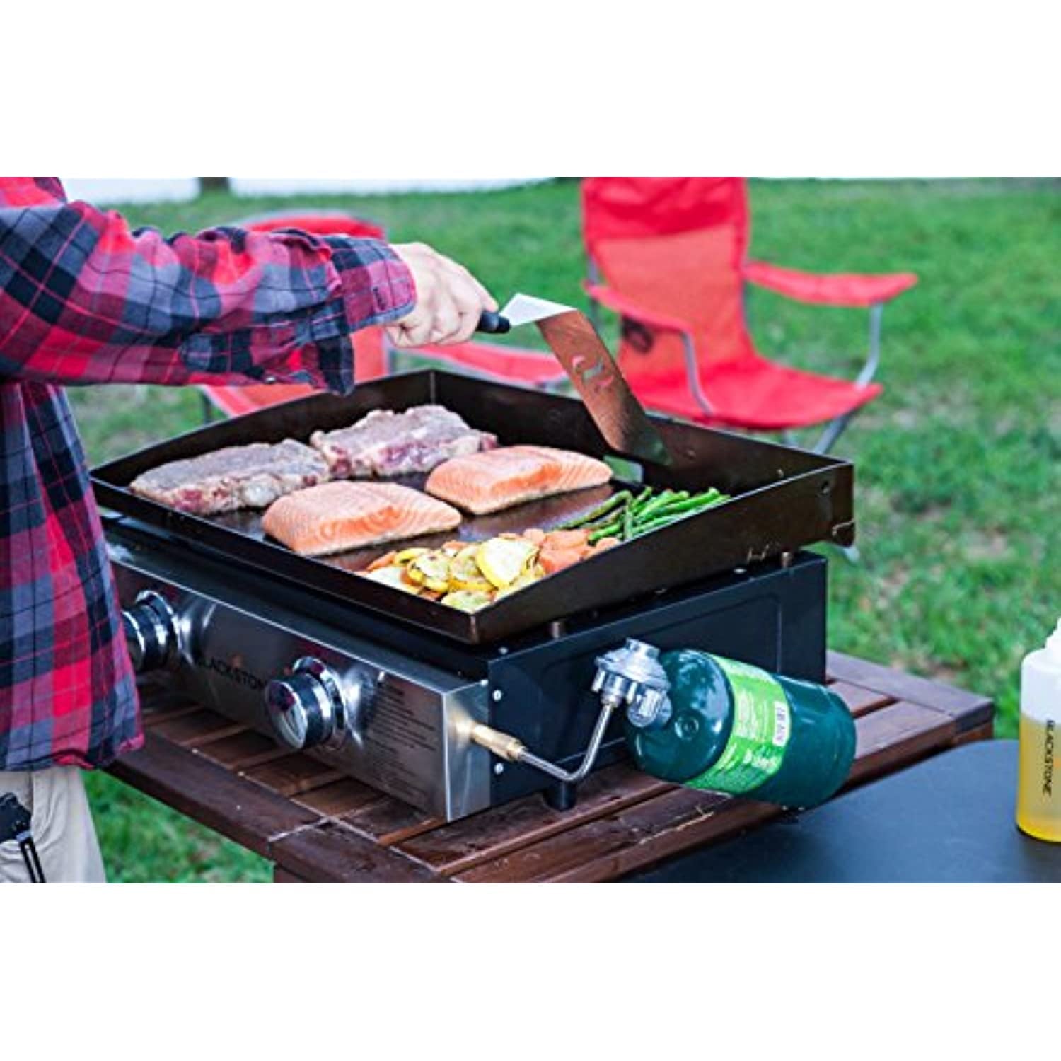 1666 Heavy Duty Flat Top Grill Station for Kitchen. Camp. Outdoor. Tailgating. Tabletop. Countertop Stainless Steel Griddle with Knobs & Ignition. 22 Inch. Black. Propane