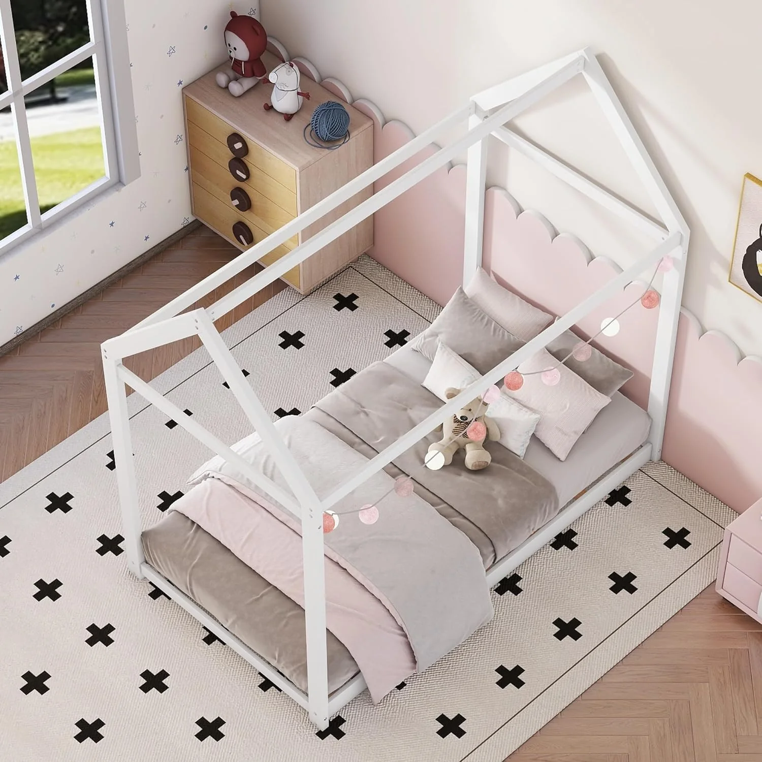 Twin House Floor Bed for Kids. Wooden Twin Montessori Bed Frame