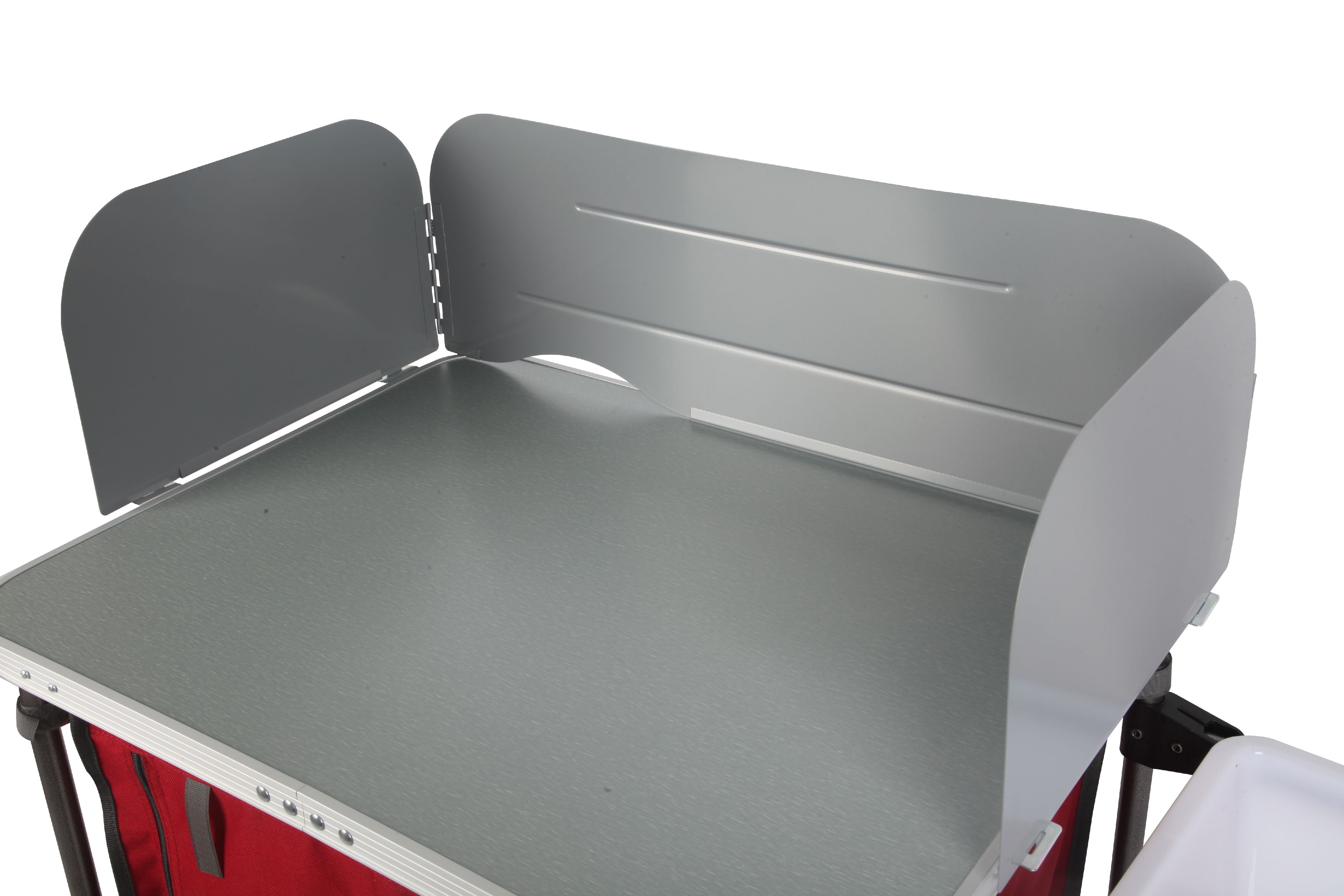 Trail Deluxe Camping Kitchen with Storage. Silver and Red. 31 Height x 13 width x 8.25 length