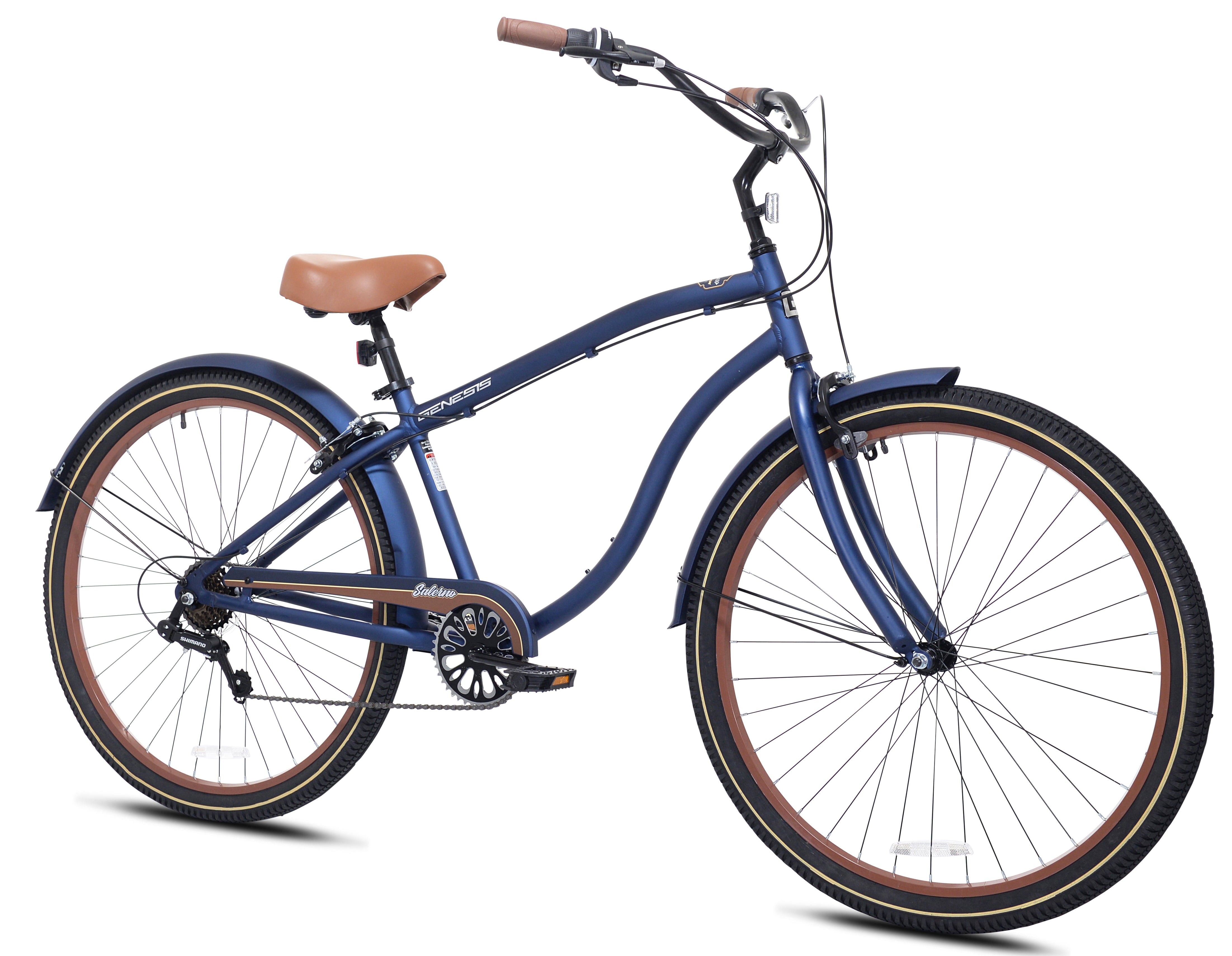 29-inch Men's Salerno Aluminum Relaxed Cruiser Bike with 7 Speeds. Navy Blue and Brown
