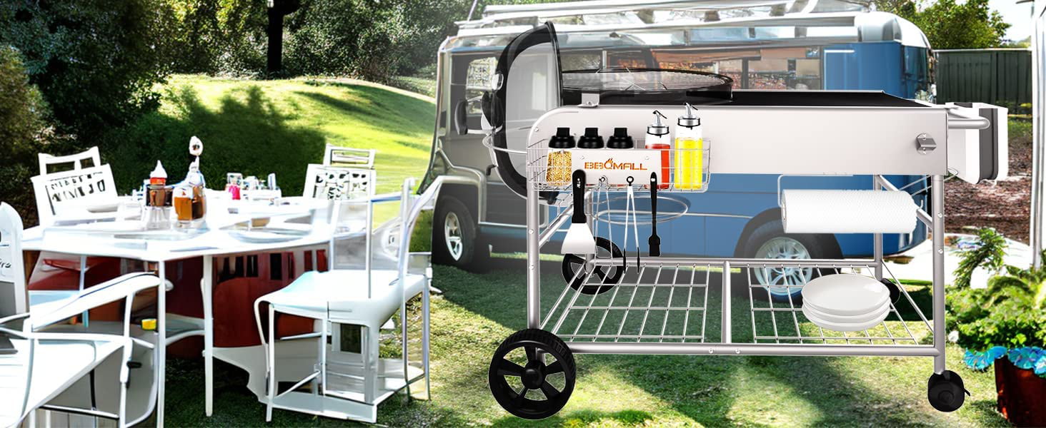 Grill Stand Cart for Weber Kettle 22 & 18 Charcoal Grills - Multifunctional Cooking Station