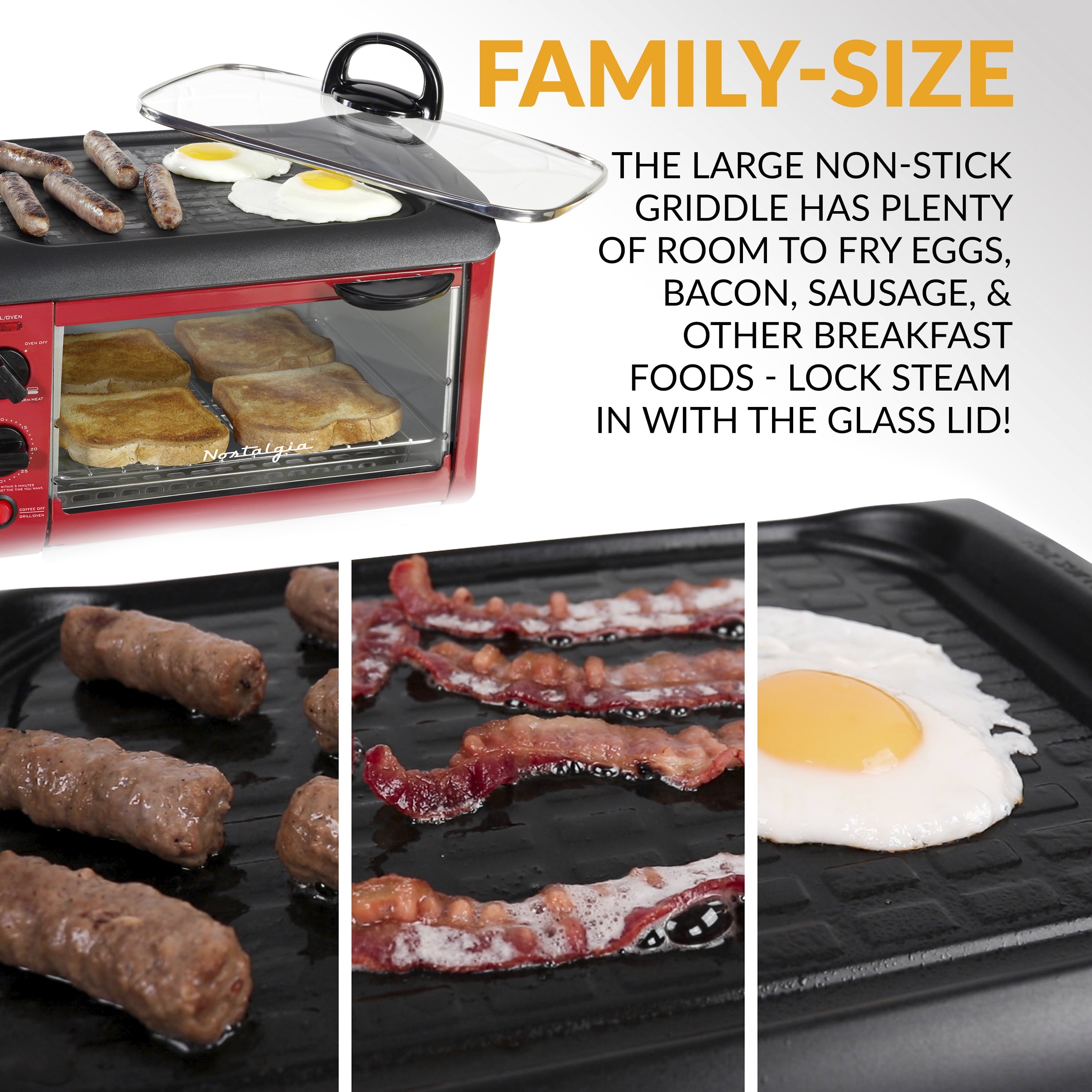 BST3RR Retro 3-in-1 Family Size Electric Breakfast Station. Coffeemaker. Griddle. Toaster Oven - Retro Red