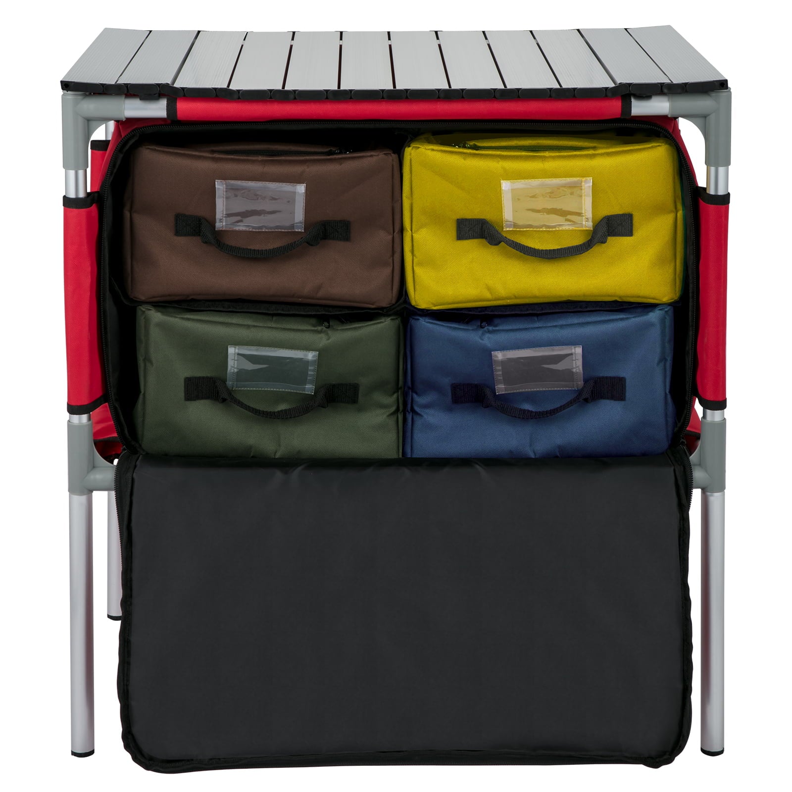Camping Kitchen Station. Aluminum Portable Folding Camp Cook Table with 4 Detachable Legs & 4 Cooler Bags. Red