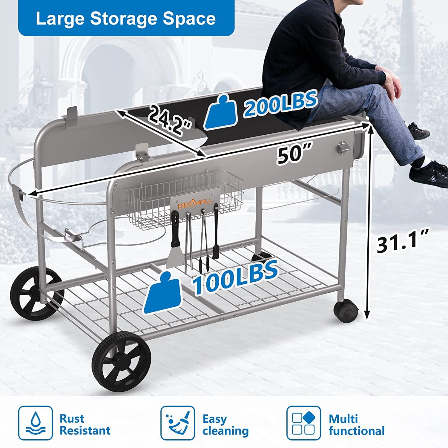 Grill Stand Cart for Weber Kettle 22 & 18 Charcoal Grills - Multifunctional Cooking Station