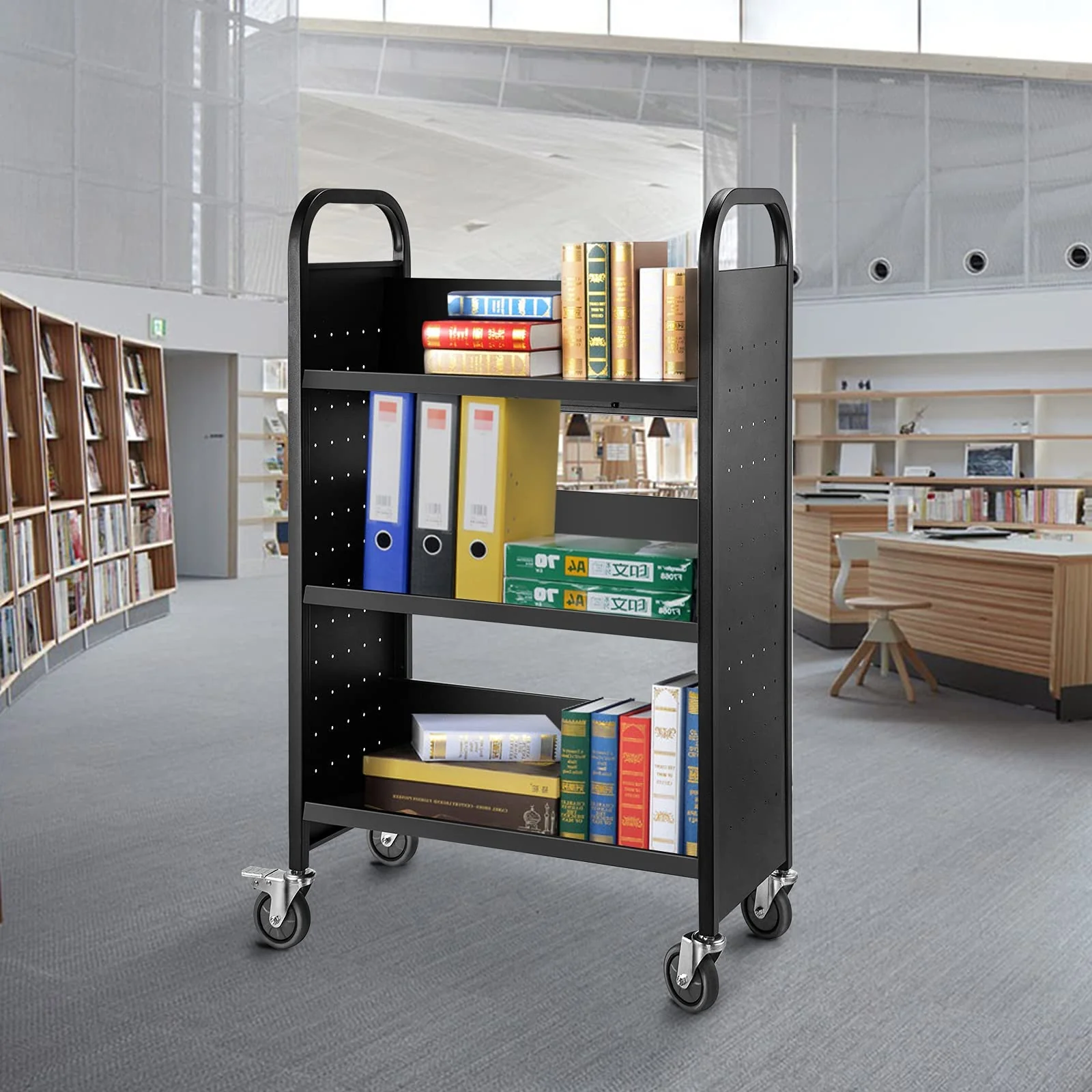 VEVOR Single Sided V-Shaped 30x14x49 Inch Rolling Book Cart
