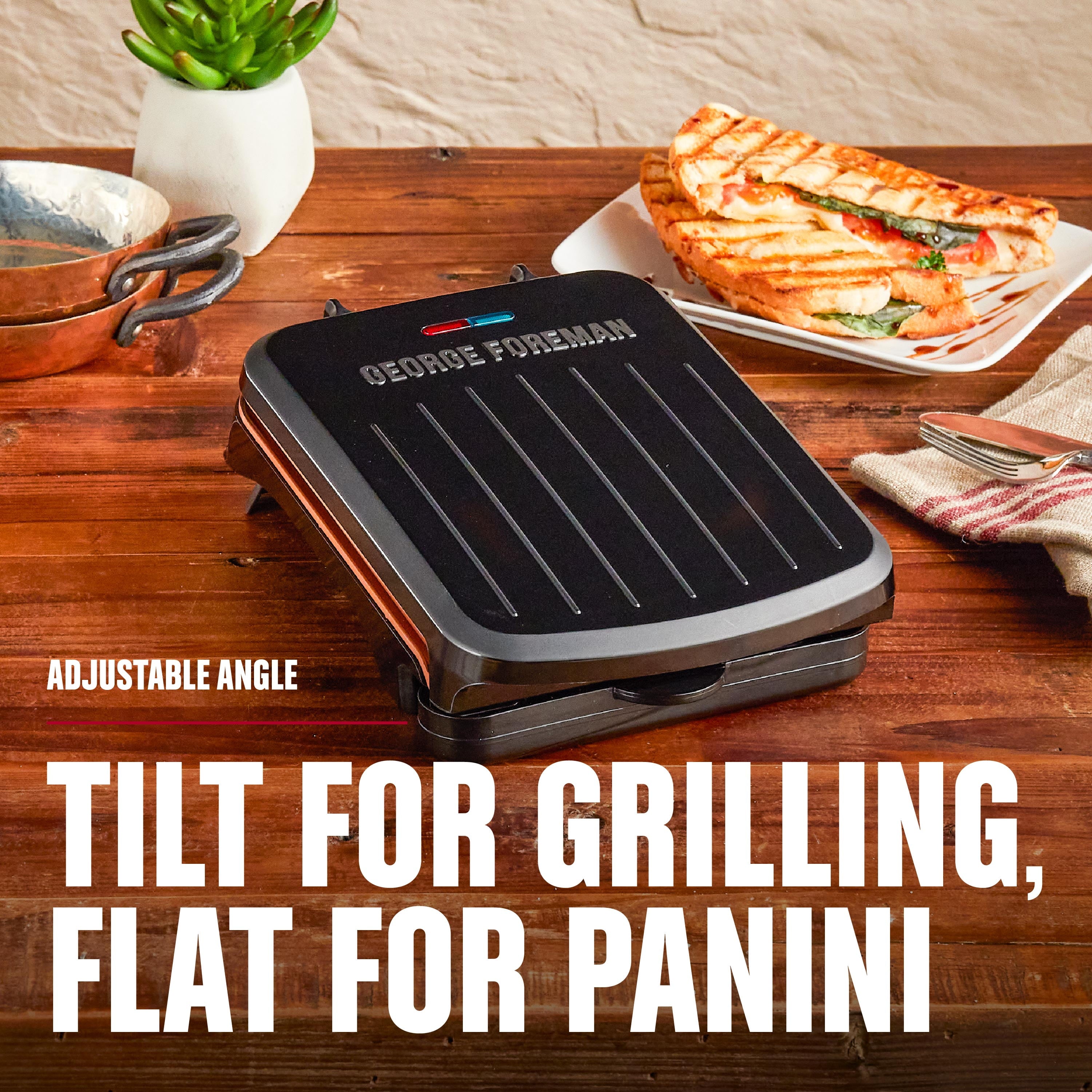 Foreman Electric Indoor Grill and Panini Press. Black with Copper Plates. Serves 2. Classic Plate. GRS040-Series