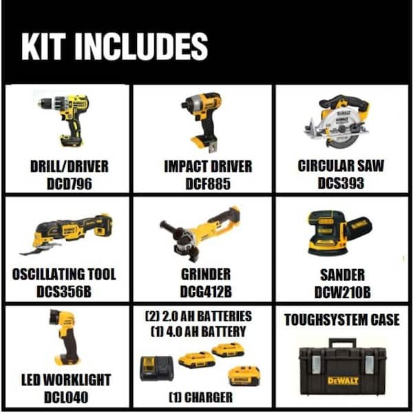 20V MAX Cordless 7 Tool Combo Kit with TOUGHSYSTEM Case. (1) 20V 4.0Ah Battery and (2) 20V 2.0Ah Batteries