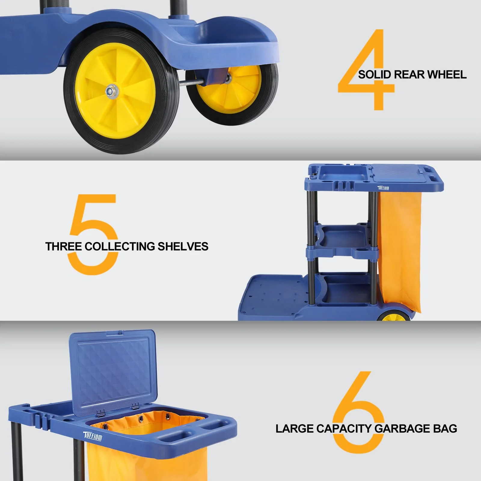 TUFFIOM Commercial Traditional Cleaning Janitorial 3-Shelf Cart