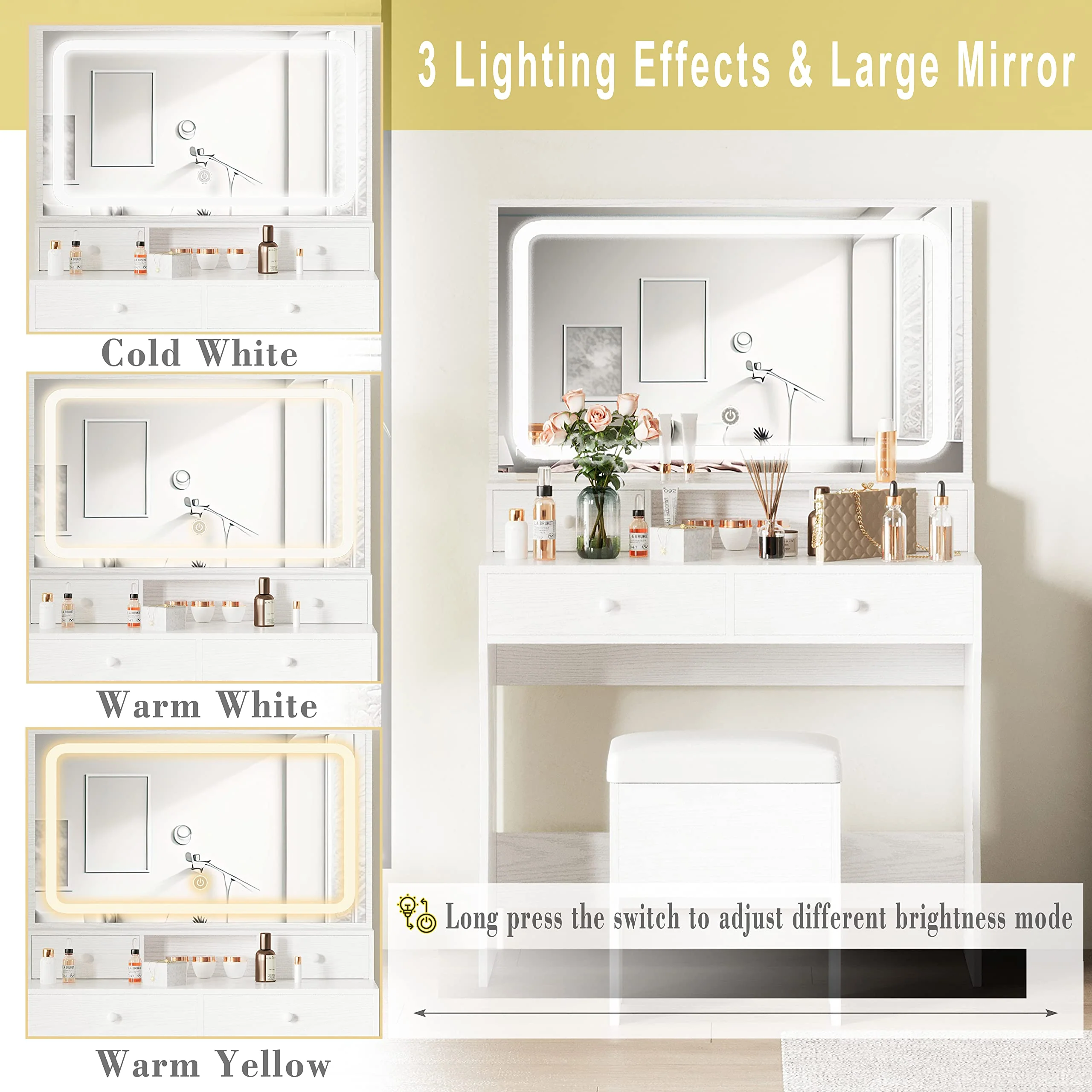 IRONCK Vanity Desk Set with LED Lighted Mirror & Power Outlet