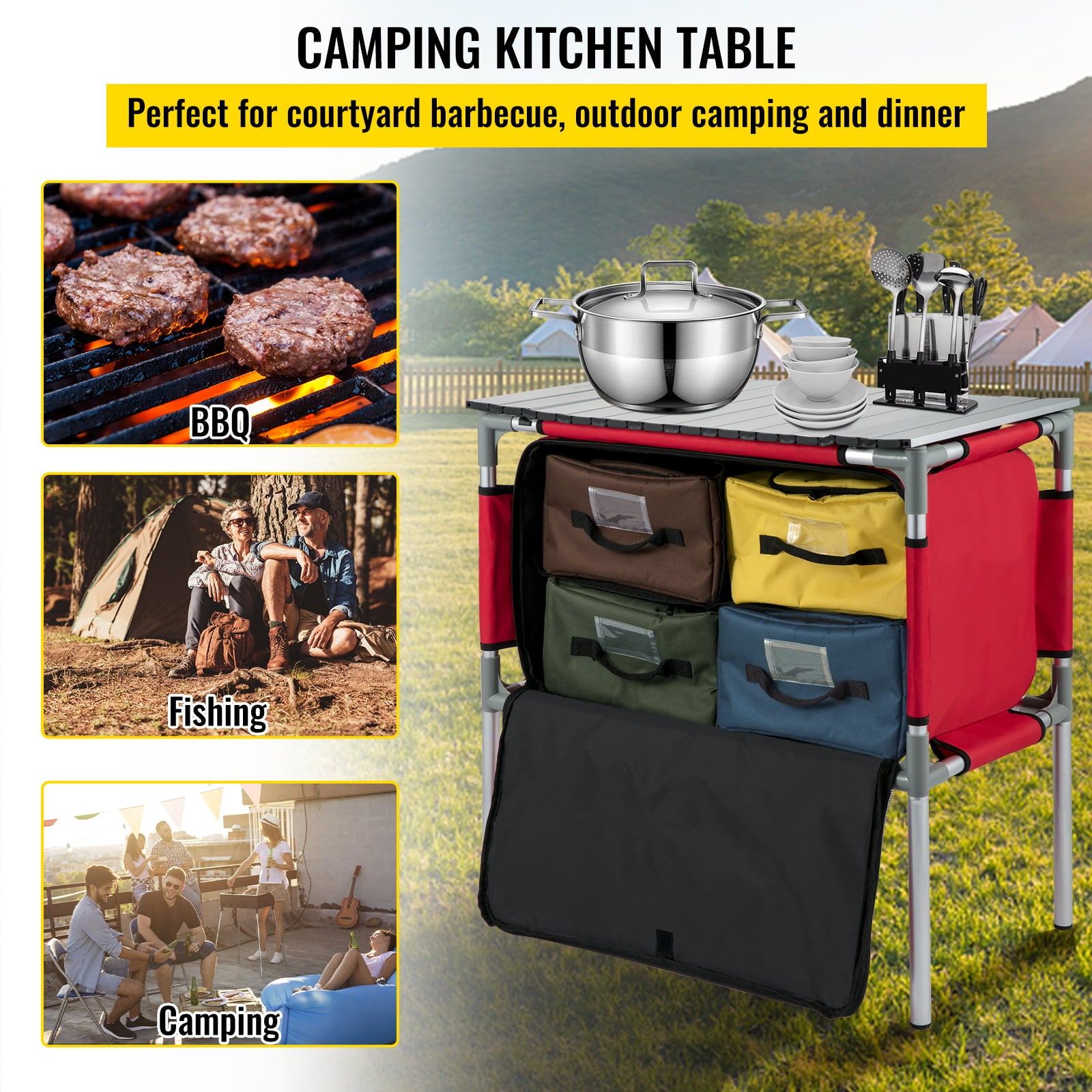 Camping Kitchen Station. Aluminum Portable Folding Camp Cook Table with 4 Detachable Legs & 4 Cooler Bags. Red