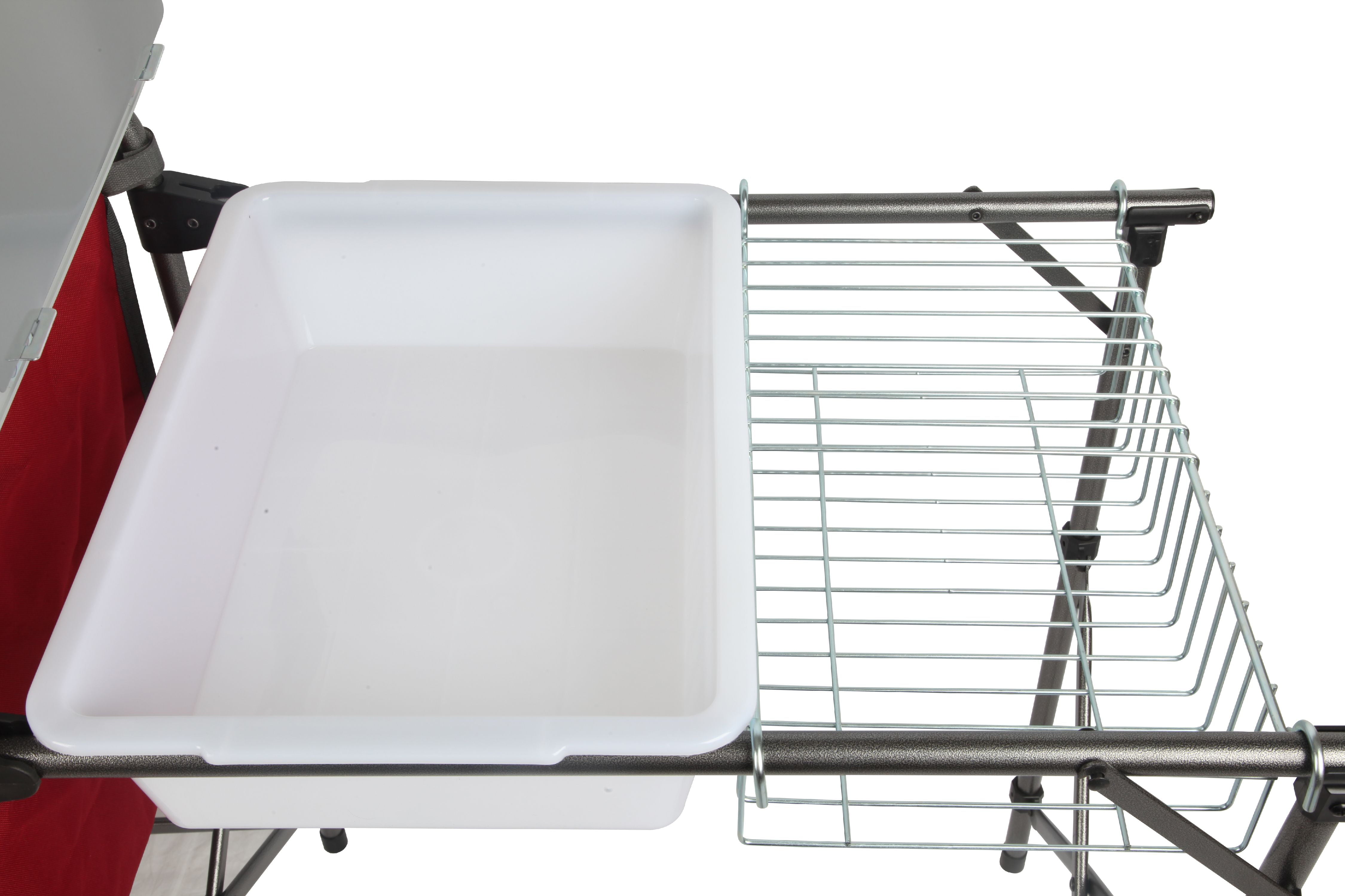 Trail Deluxe Camping Kitchen with Storage. Silver and Red. 31 Height x 13 width x 8.25 length