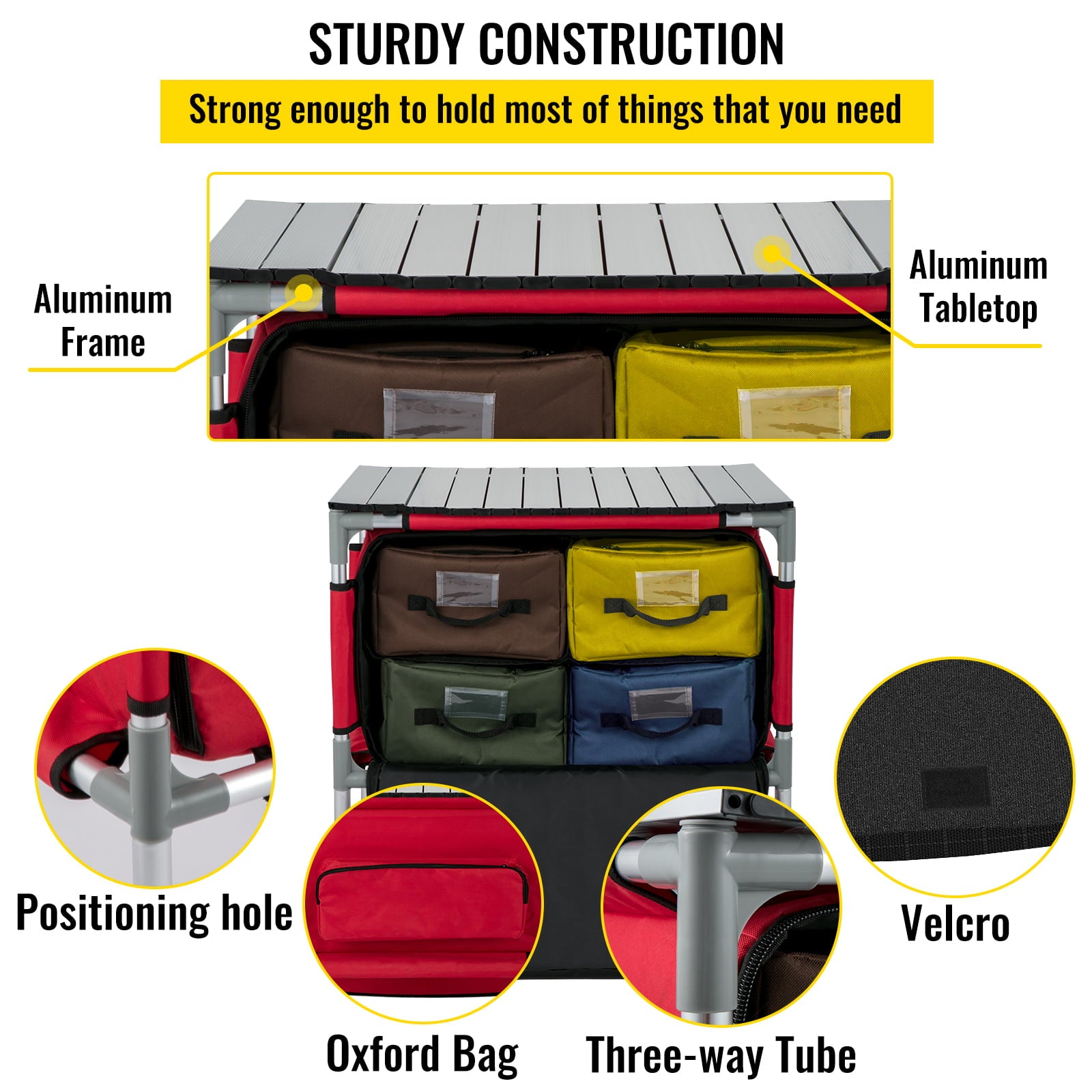 Camping Kitchen Station. Aluminum Portable Folding Camp Cook Table with 4 Detachable Legs & 4 Cooler Bags. Red