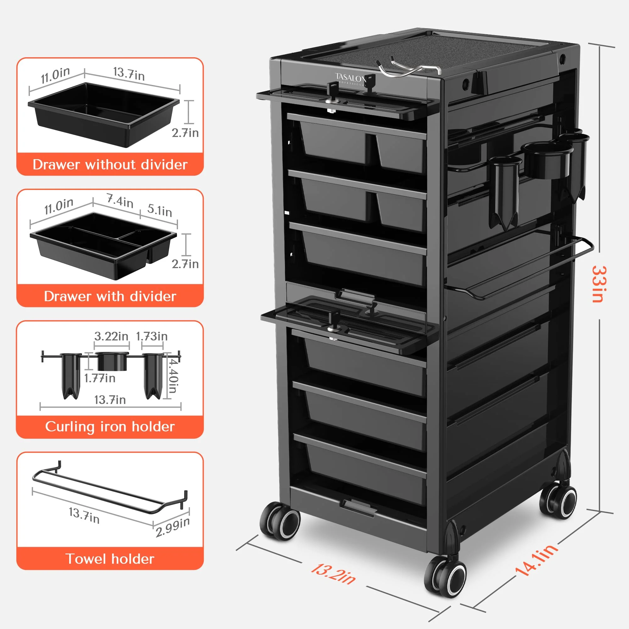 TASALON Lockable Salon Trolley Cart with 6 Drawers
