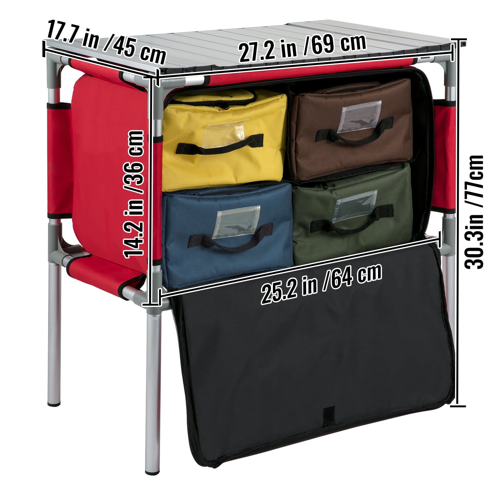 Camping Kitchen Station. Aluminum Portable Folding Camp Cook Table with 4 Detachable Legs & 4 Cooler Bags. Red