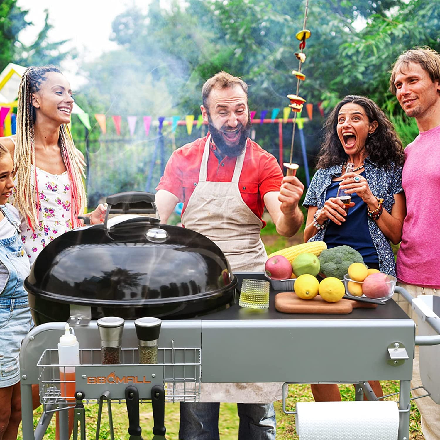 Grill Stand Cart for Weber Kettle 22 & 18 Charcoal Grills - Multifunctional Cooking Station
