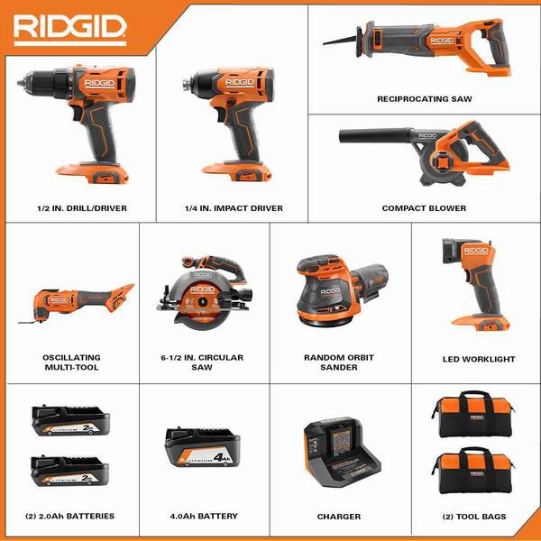 18V Cordless 8-Tool Combo Kit with (3) Batteries. Charger. and Bag with 18V Random Orbit Sander