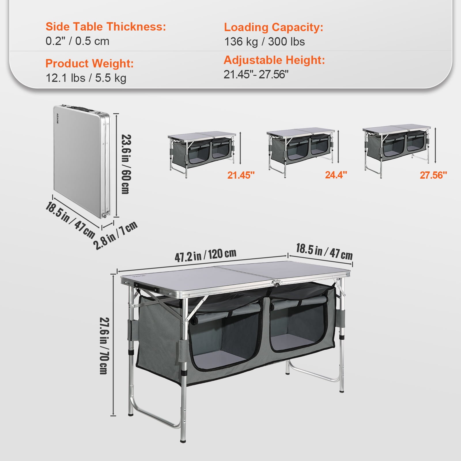 Camping Kitchen Table Folding Portable Cook Station 3 Adjustable Heights