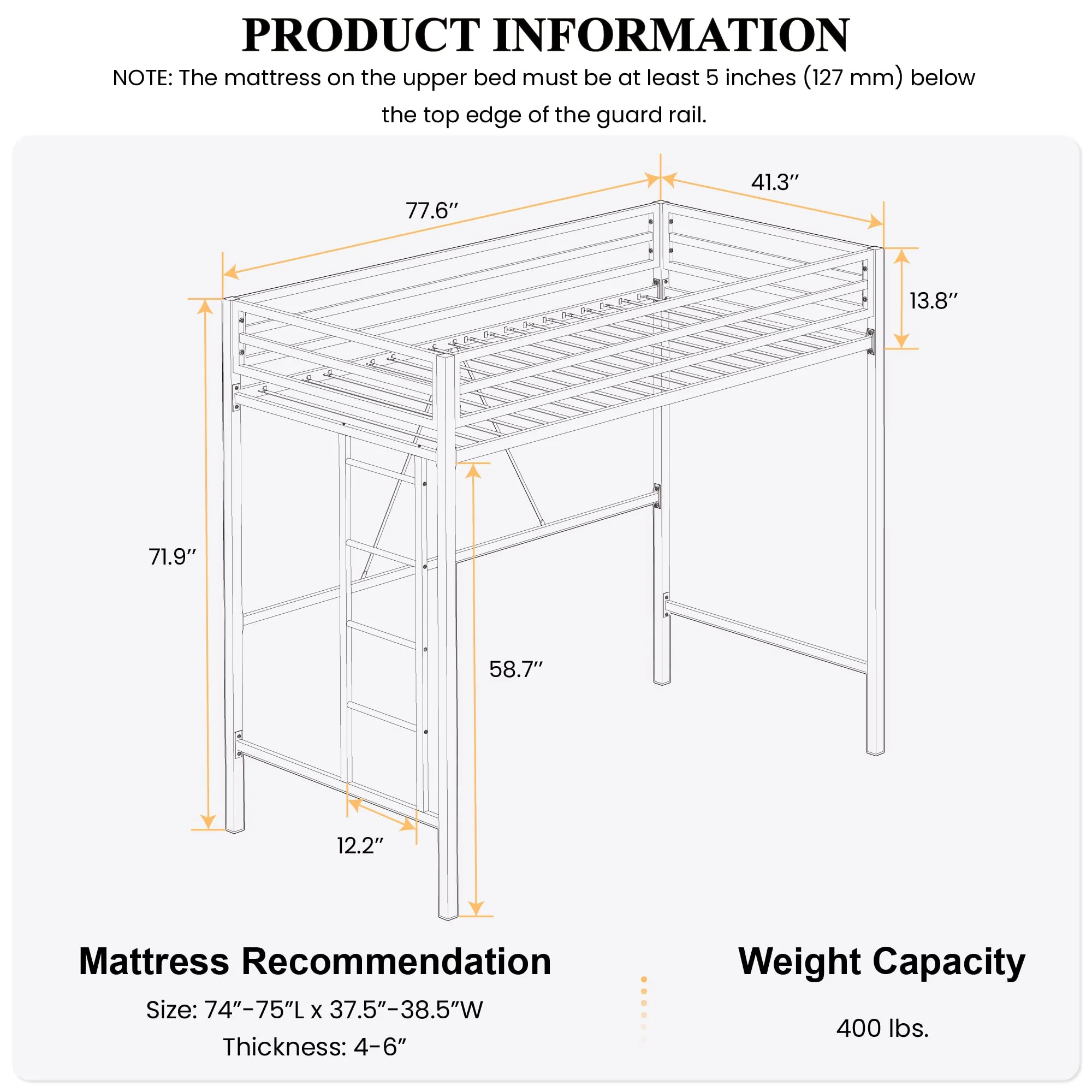 SHA CERLIN Junior Loft Bed Twin Size. Heavy Duty Twin Bed Frame