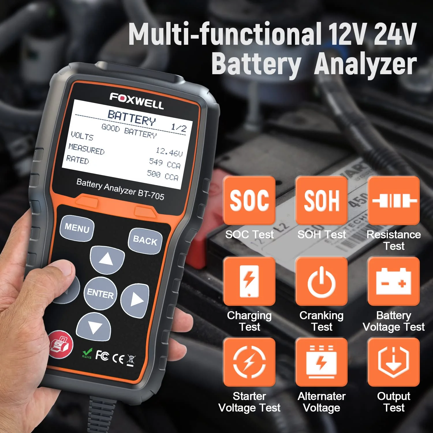 FOXWELL Car Battery Tester 12V 24V. 100-2000CCA