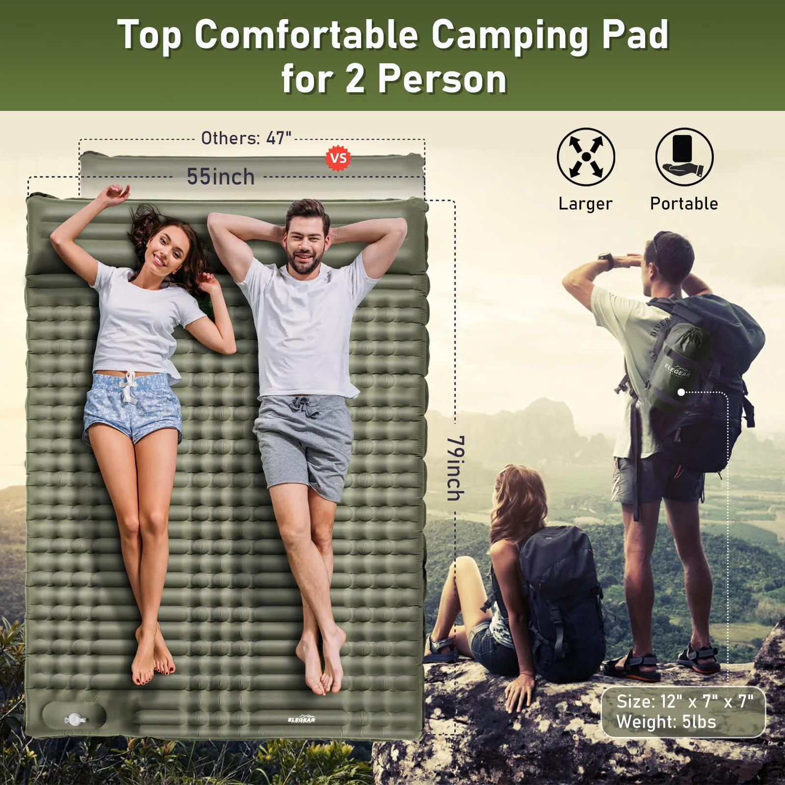 Elegear Double Sleeping Pad for Camping. 4 Ultra-Thick Self Inflating Camping Pad