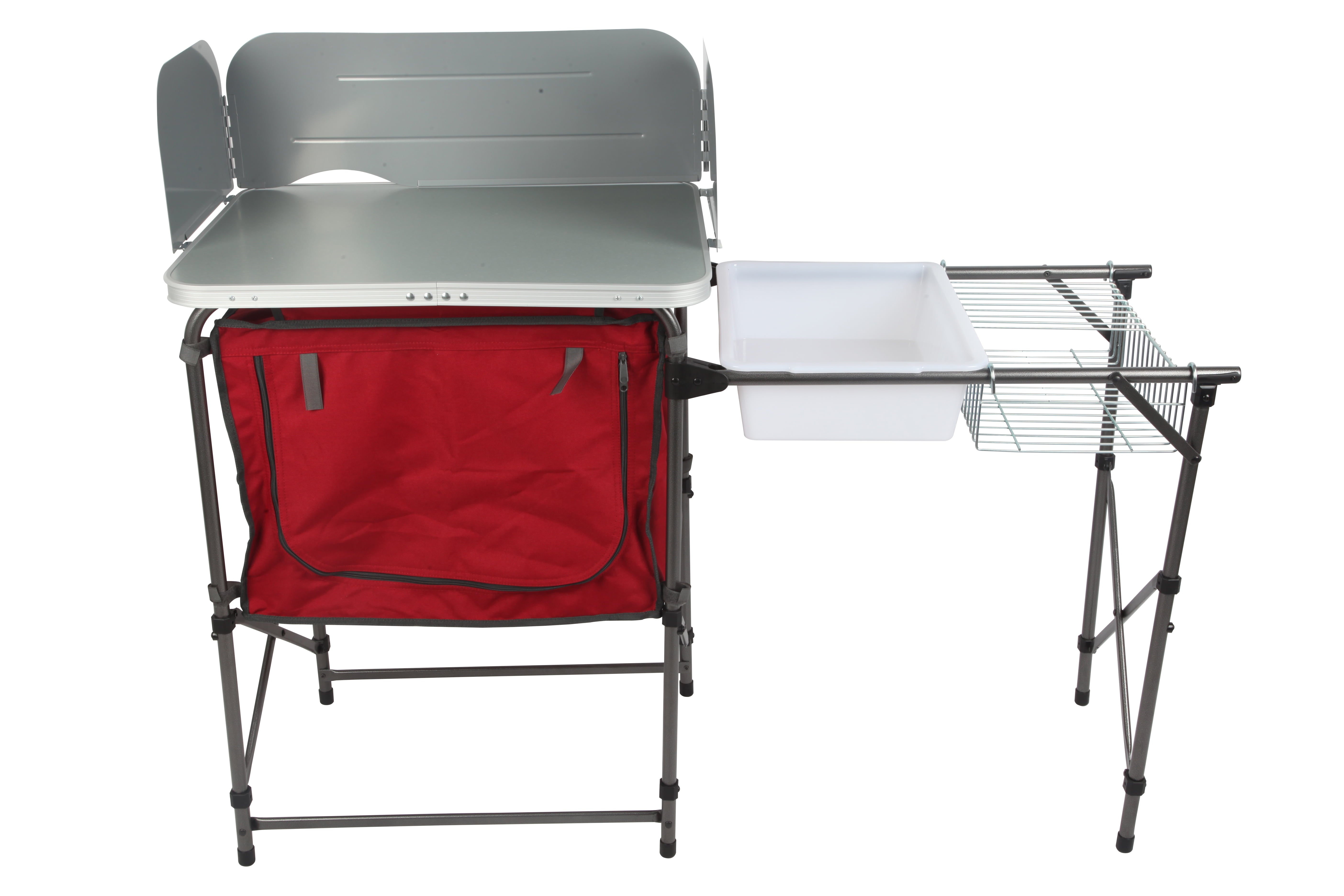 Trail Deluxe Camping Kitchen with Storage. Silver and Red. 31 Height x 13 width x 8.25 length