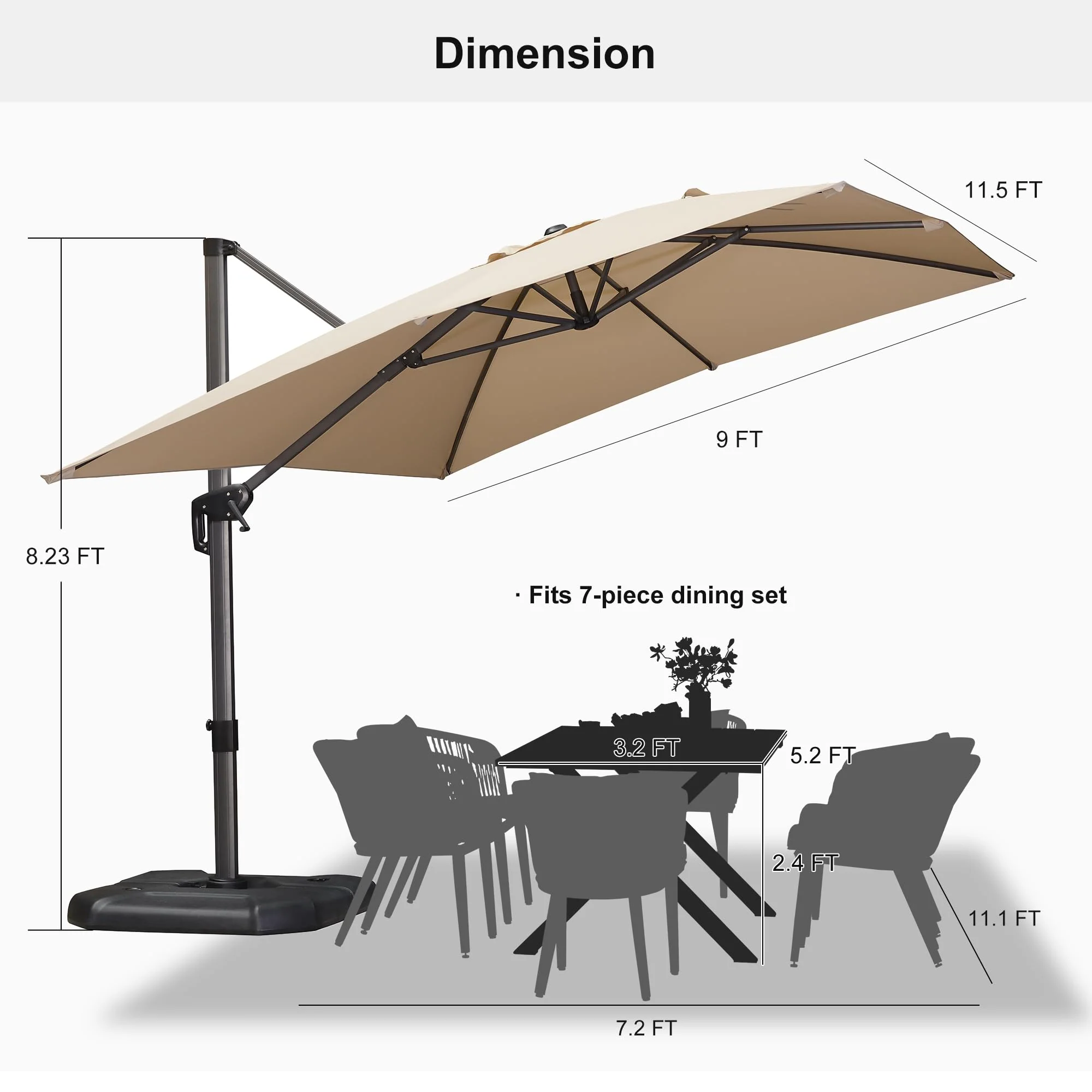 9' X 11.5' Patio Umbrella Outdoor Cantilever Rectangle Umbrella Aluminum Offset Umbrella