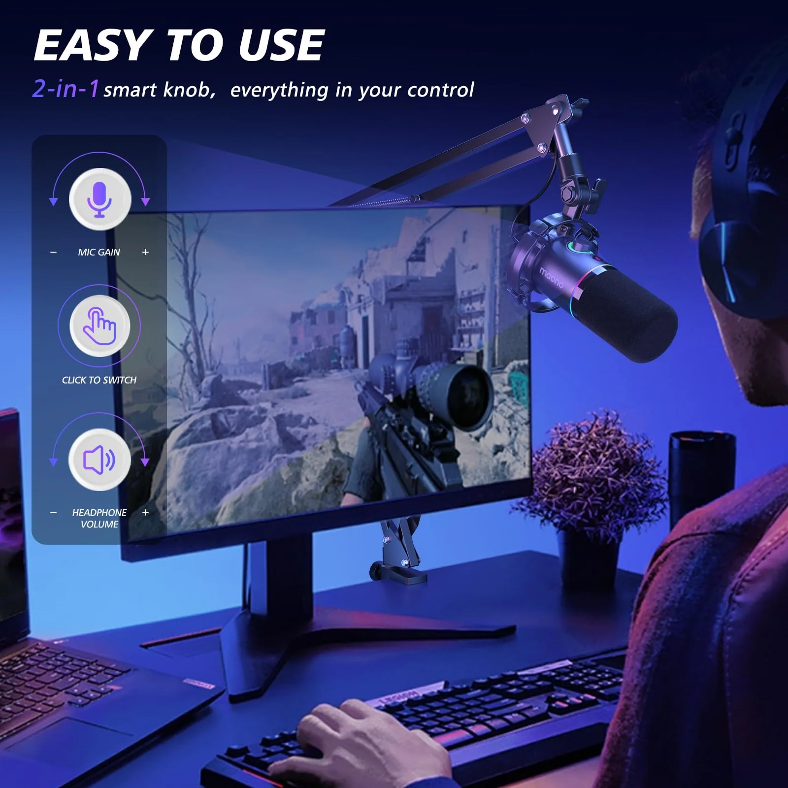 MAONO XLR/USB Dynamic Microphone Kit. RGB Podcast Mic