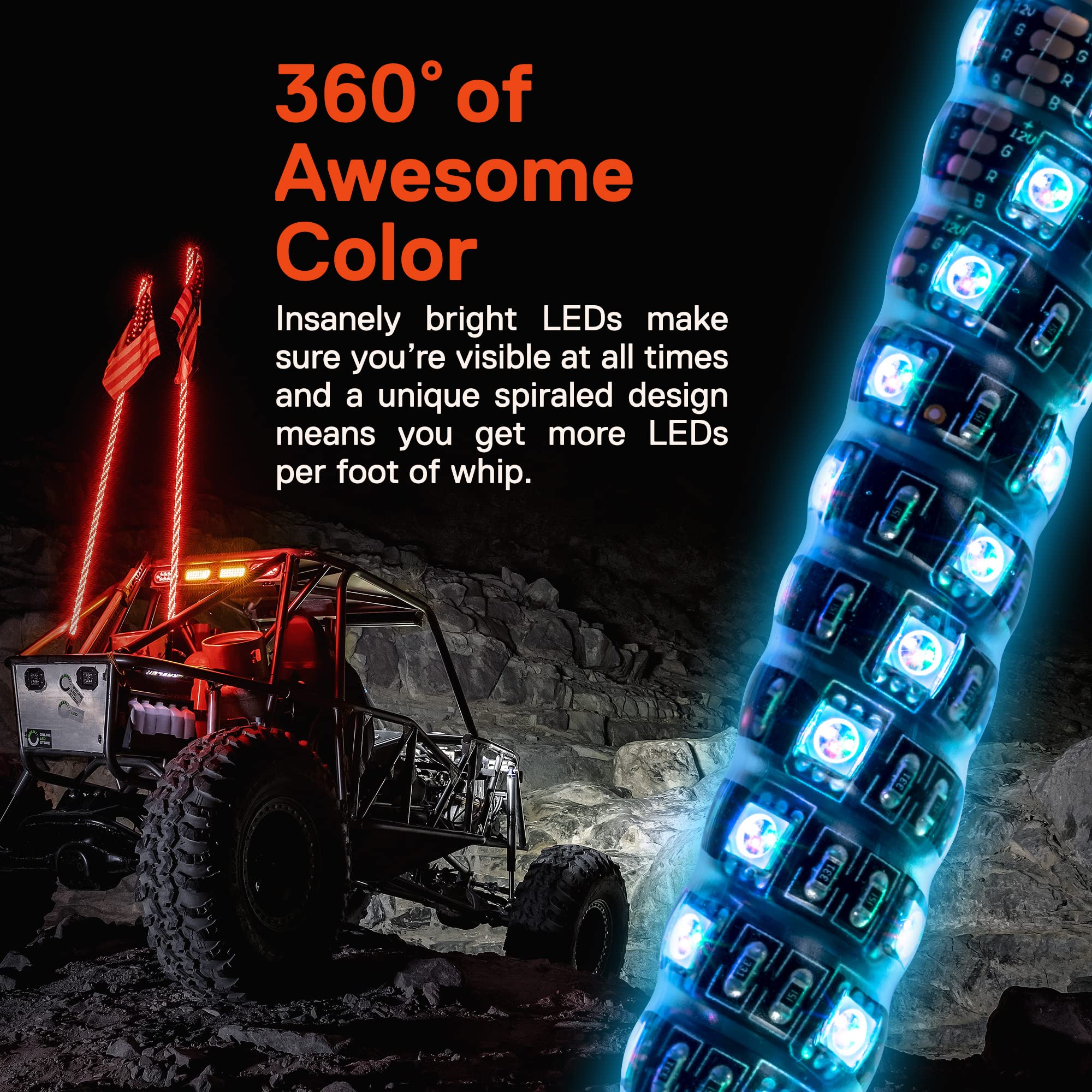 True Mods 2pc 2ft Spiral RGB LED Whip Light for UTV ATV