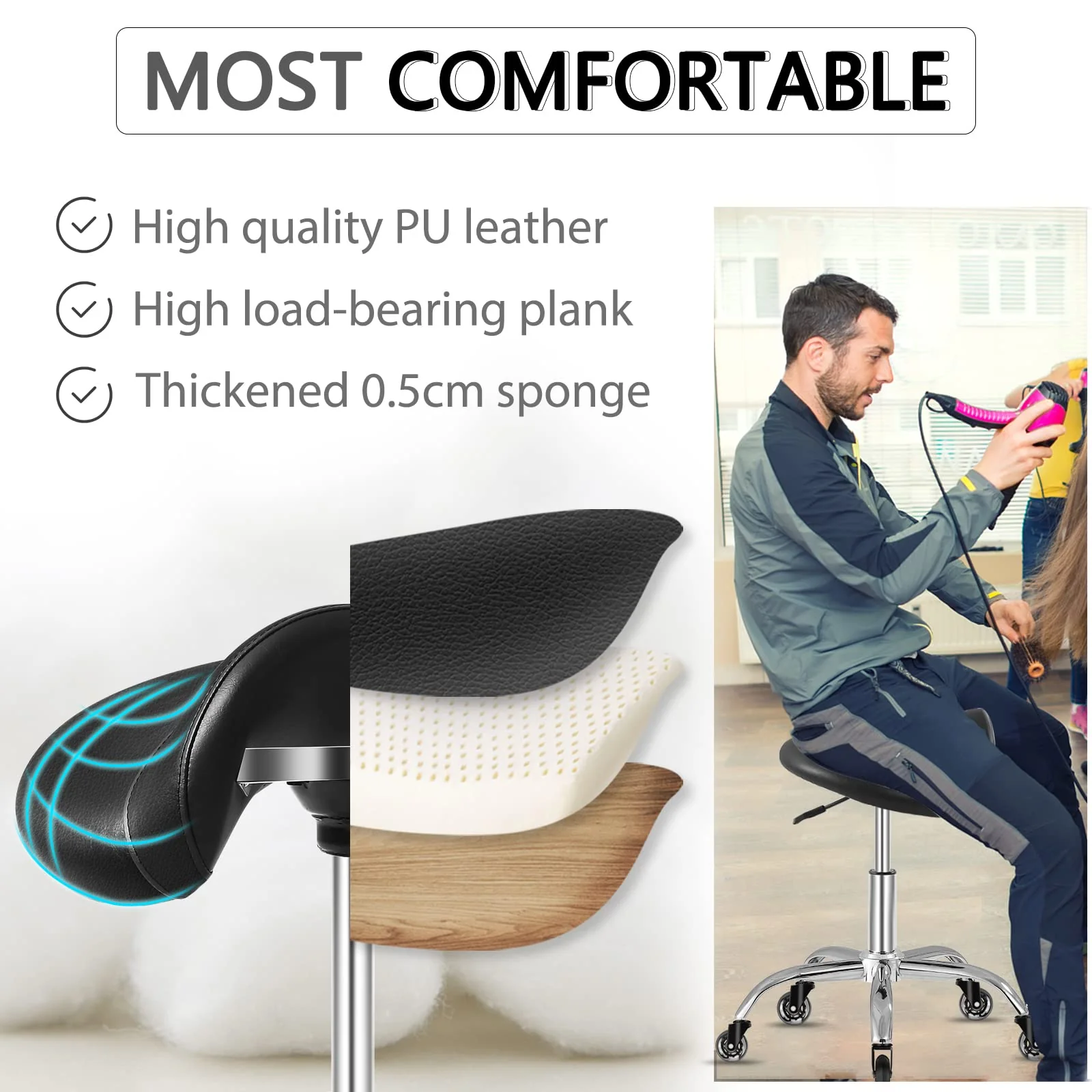 Saddle Stool with Wheels 300 lbs Weight Capacity