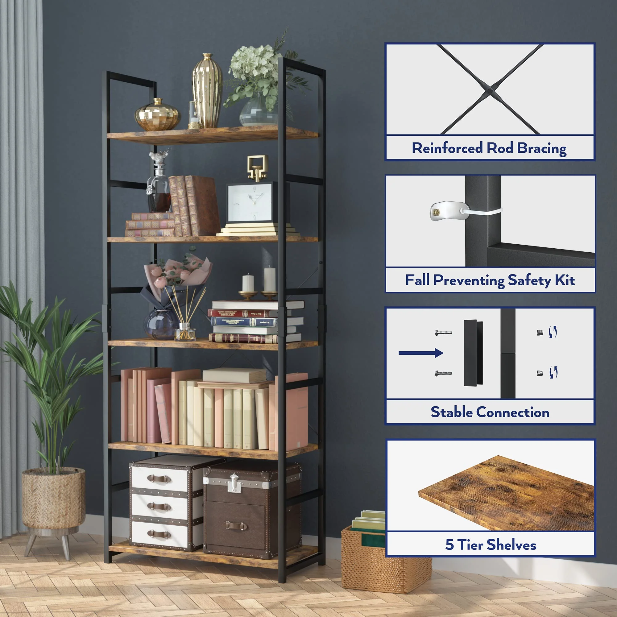 NUMENN 5 Tier Bookshelf. Tall Bookcase Shelf Storage Organizer