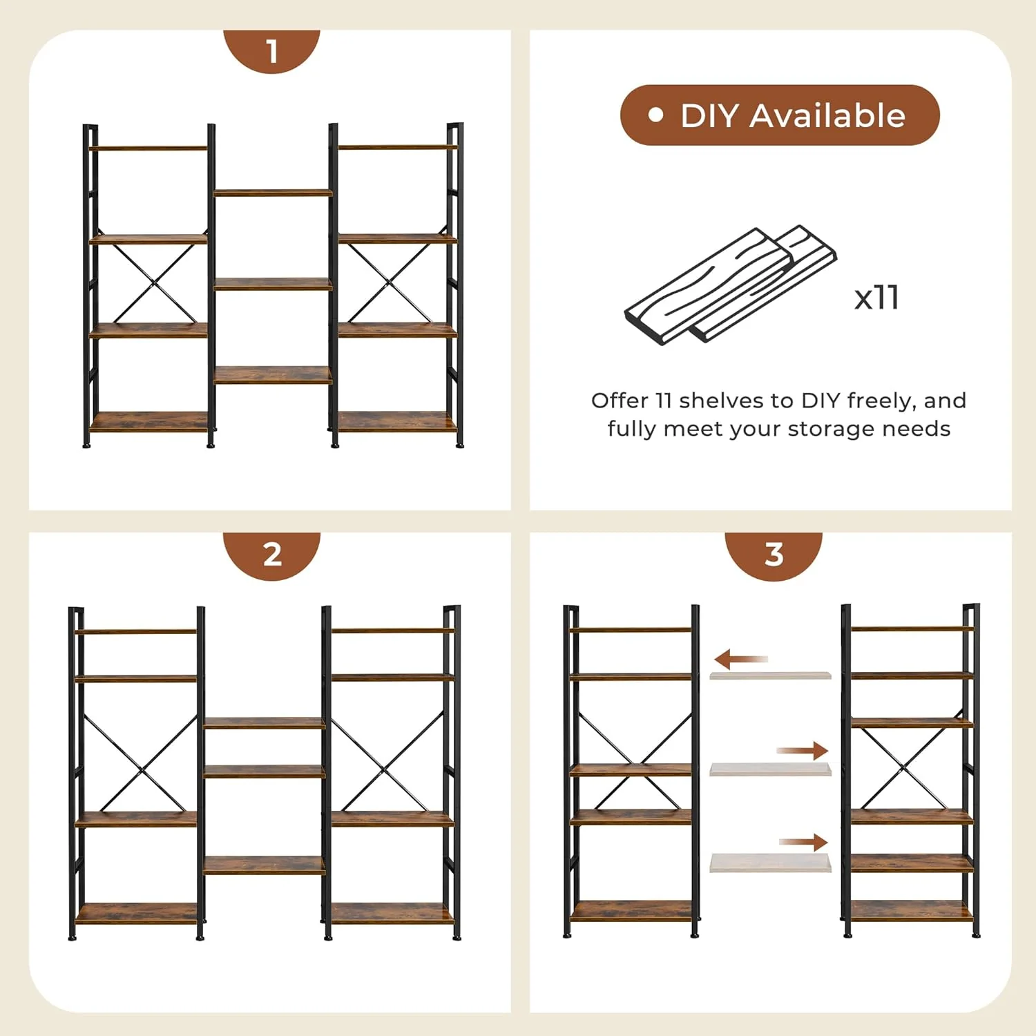 SUPERJARE Triple 4 Tier Bookshelf with 11 Open Display Shelves