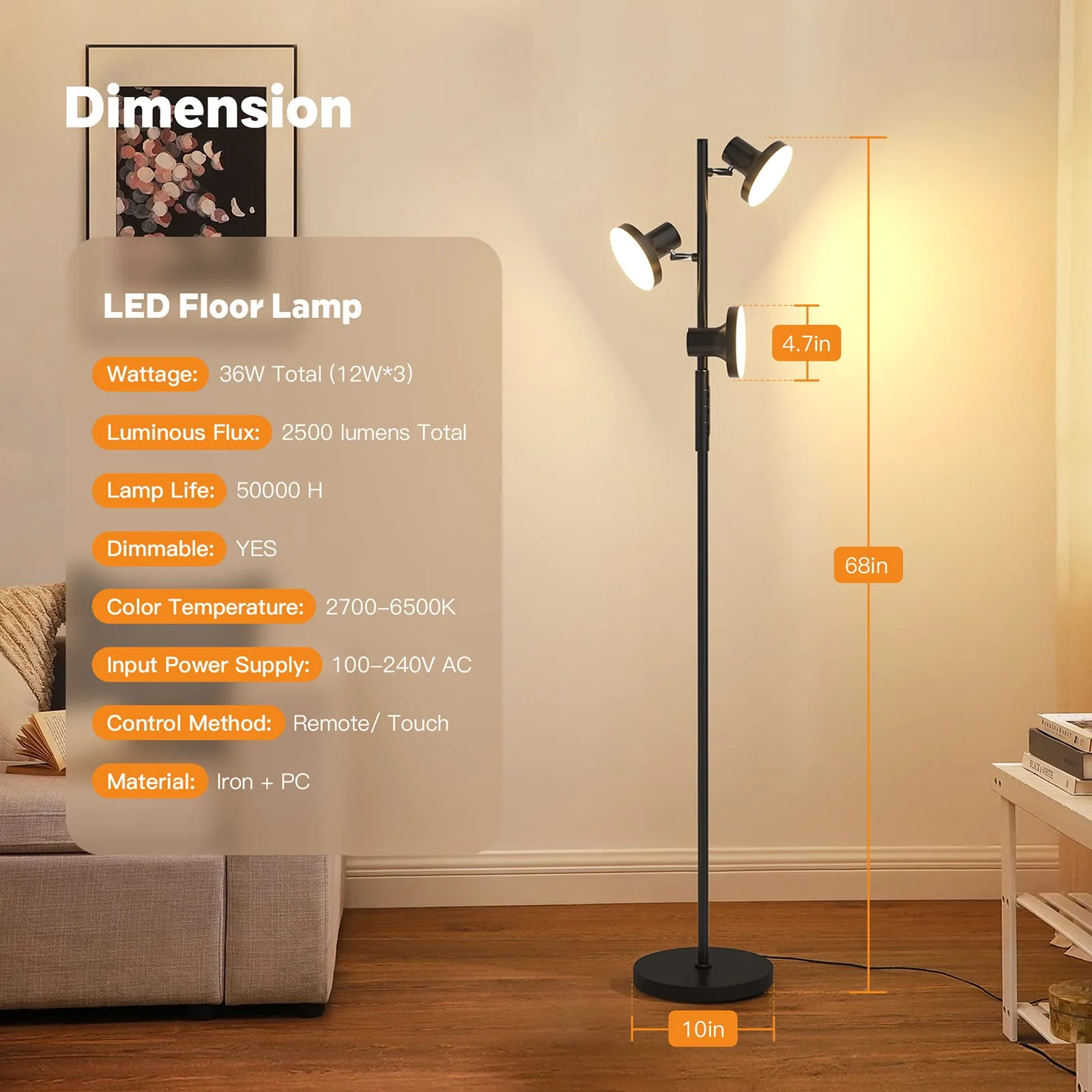 SIBRILLE 36W LED Tree Floor Lamp. Modern Dimmable Standing Lamp