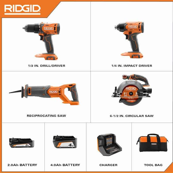 18V Cordless 4-Tool Combo Kit with 4.0 Ah Battery. 2.0 Ah Battery. Charger. Bag and 18V Random Orbit Sander