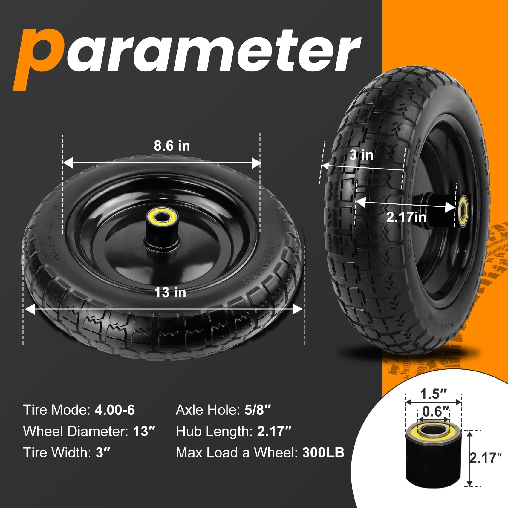Pontuss 13 Flat Free Wheels Replacement for GOR Garden Cart