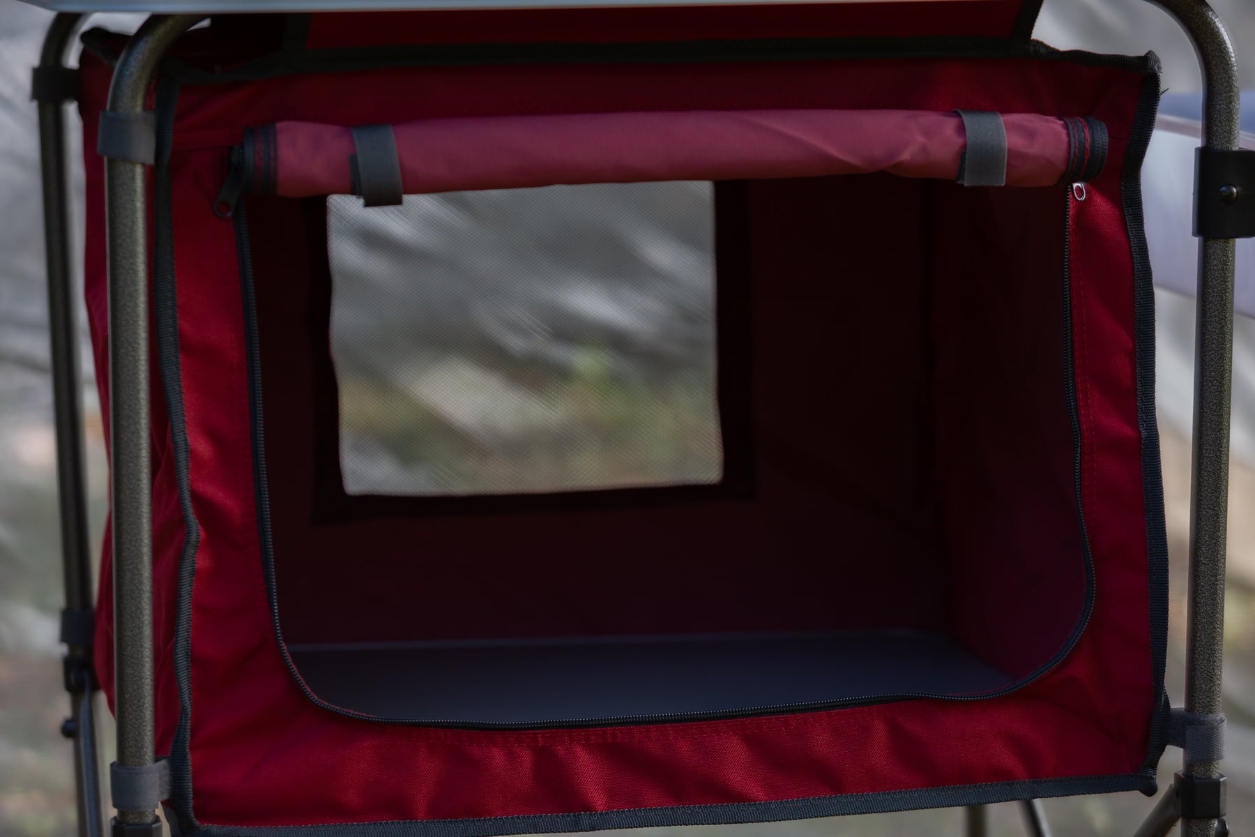 Trail Deluxe Camping Kitchen with Storage. Silver and Red. 31 Height x 13 width x 8.25 length