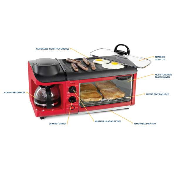 BST3RR Retro 3-in-1 Family Size Electric Breakfast Station. Coffeemaker. Griddle. Toaster Oven - Retro Red