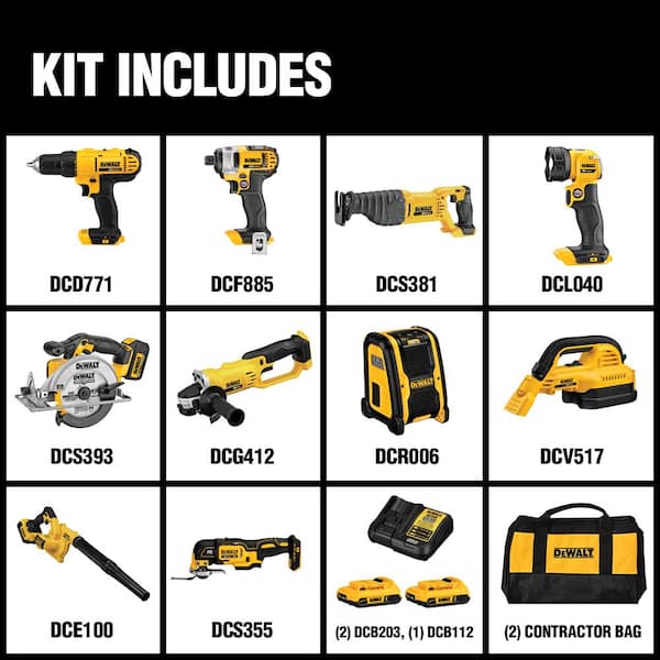 20V MAX Cordless 10 Tool Combo Kit. MAXFIT Screwdriving Set (35 Piece). (2) 20V 2.0Ah Batteries. Charger. and Bag