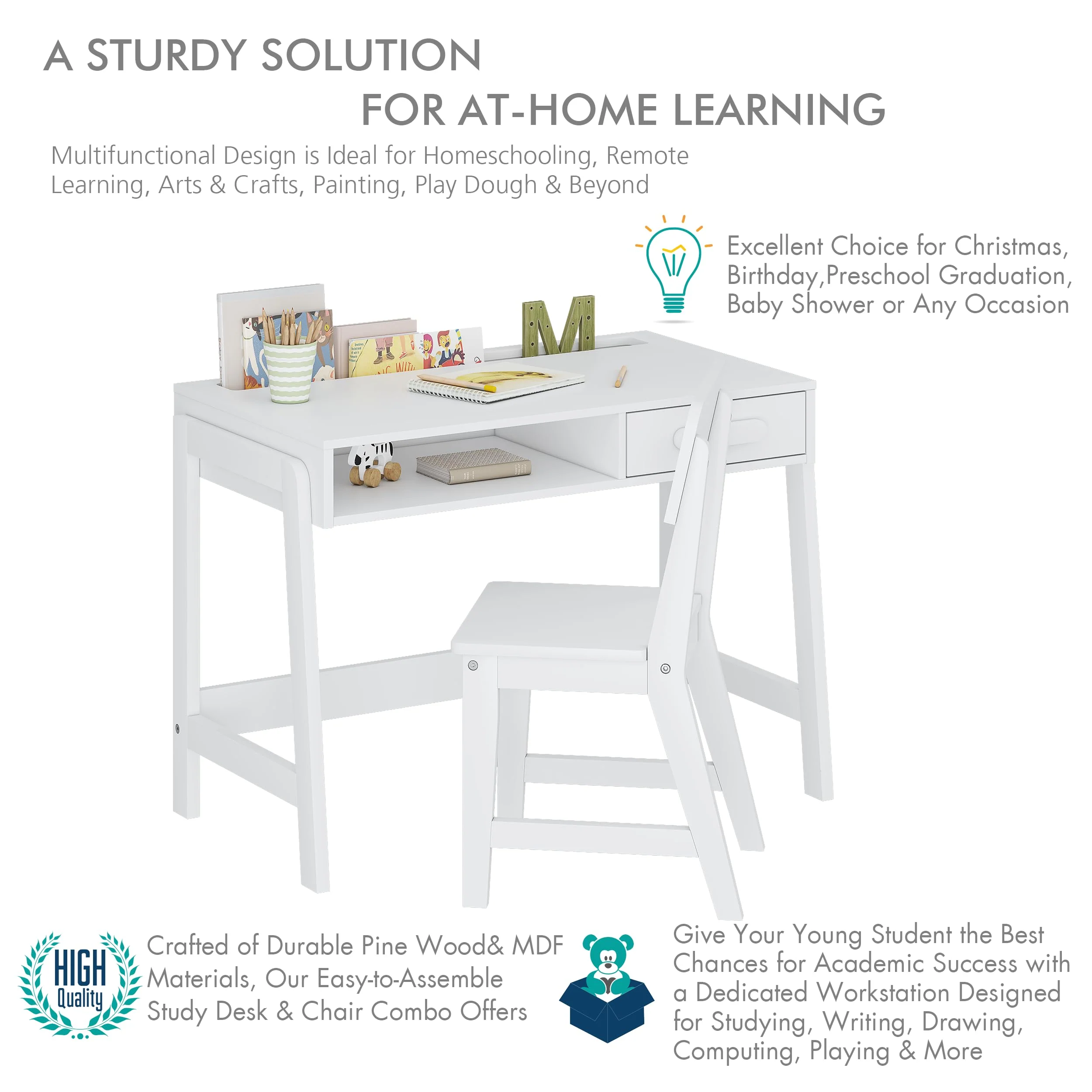 UTEX Kids Desk and Chair Set for Kids with Drawers